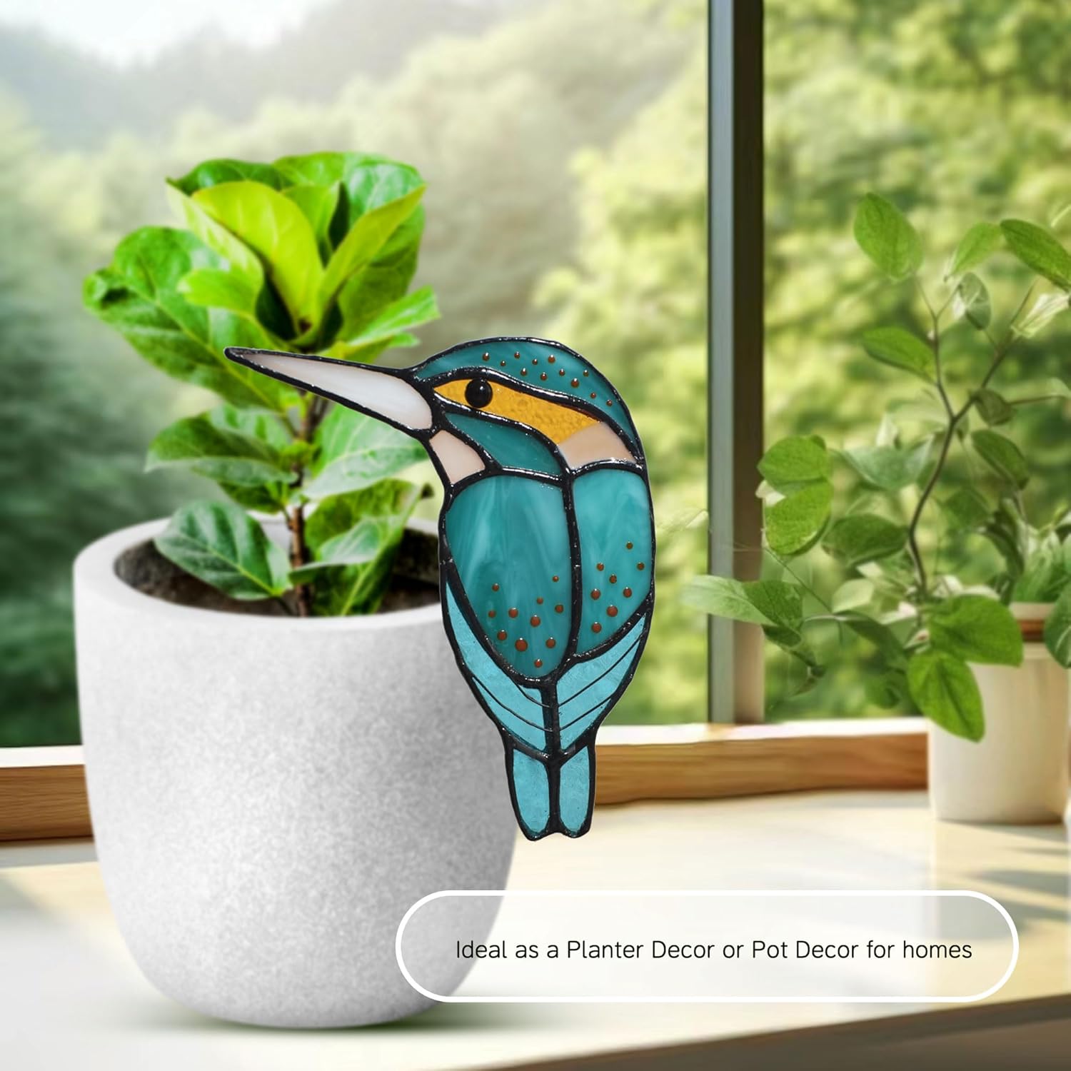 Lolitarcrafts Stained Glass Kingfisher Suncatcher for Planter Decoration-Colorful Glass Plant Pot Ornament,Bird Lover Gifts,Plant Lover Gifts - Image 7