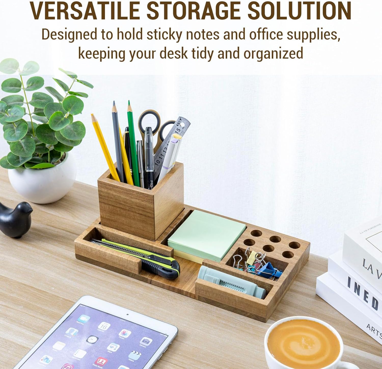 MyGift Wood Desk Tray Desk Organizer Office Desktop Pen Holder Sticky Note Holder Acacia Solid Wood Storage Tray