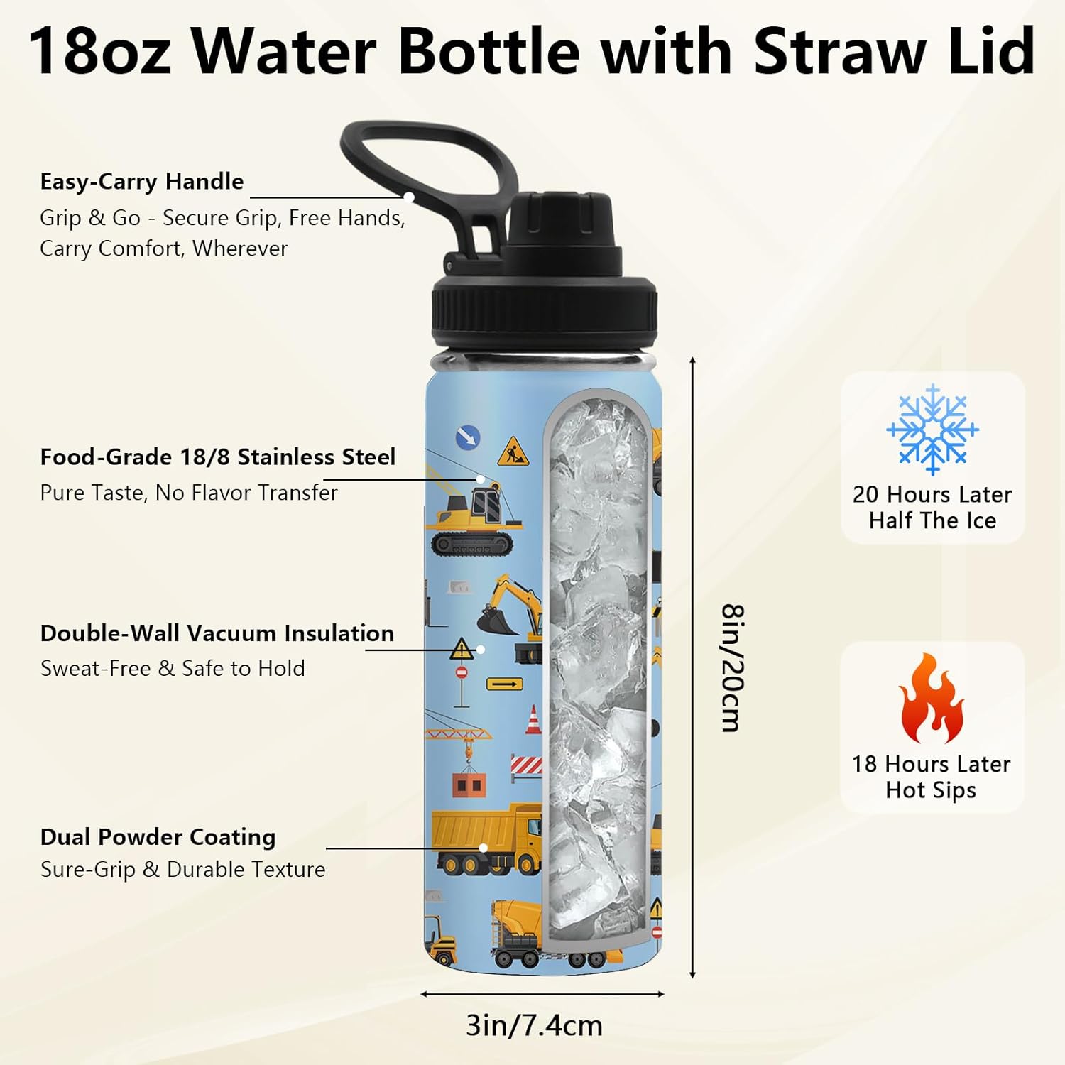 Construction Truck Water Bottle for Boys, 18oz Leak-proof Tumbler with 2 Lids & Handle, Antislip Silicone Boot, Monster Truck Birthday Gifts for Men, Stainless Steel Mug for Sports - Image 2