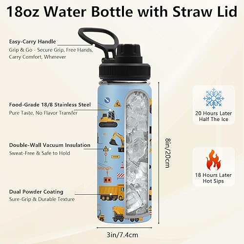Miniatura 2 de Botella de agua de camión de construcción para niños, vaso a prueba de fugas de 18 onzas con 2 tapas y asa, bota de silicona antideslizante, regalos