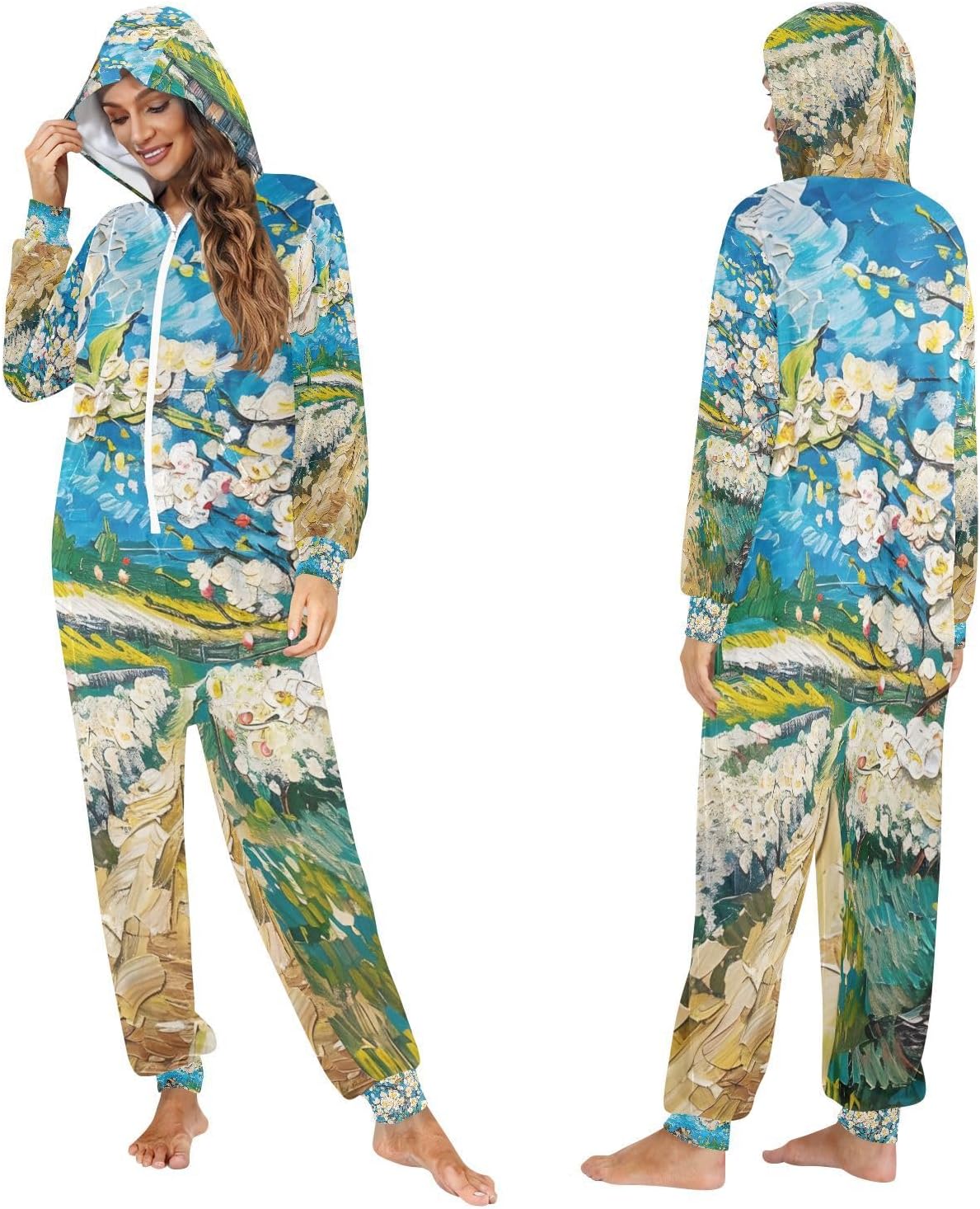 White Flower Starry Sky Oil Painting Unisex Adult Onesie Pajamas Comfy One Piece Costume Jumpsuits Novelty Sleepwear Homewear for Men Women