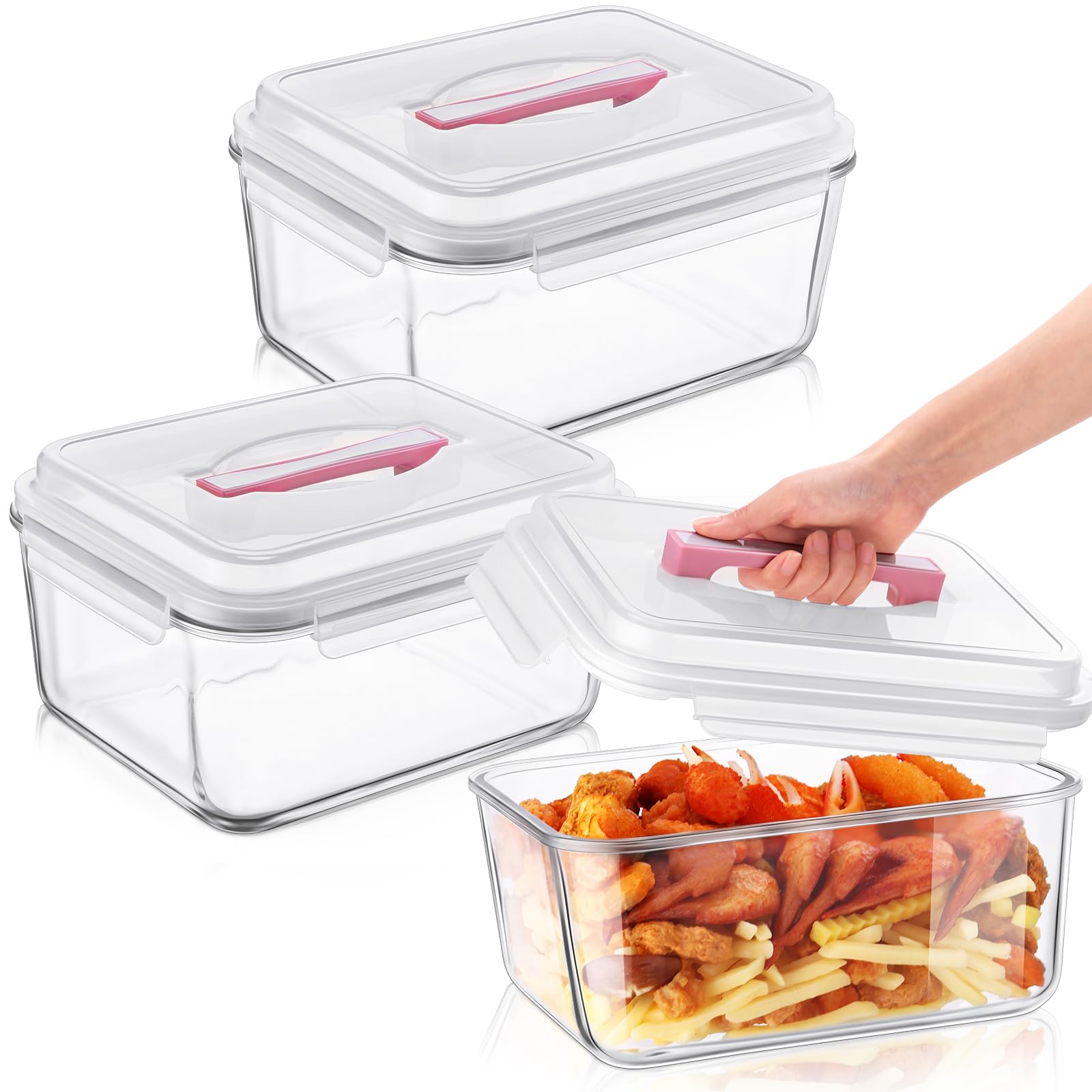 Blushtier 2 recipientes grandes de vidrio para almacenamiento de alimentos con tapa de bloqueo hermético, ideal para almacenar alimentos, verduras, frutas, hornear, lasaña, pavo, transparente