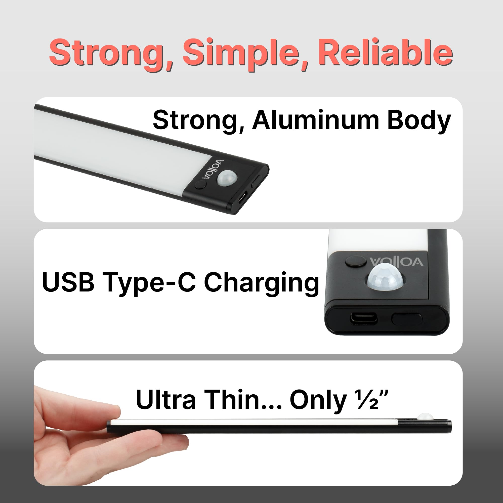 Modulo luminoso a LED compatto, versatile, ricaricabile, alloggiamento in alluminio, sensore di movimento e luce, luminosità regolabile, 3 temperature di colore (medie - 40 cm, argento)