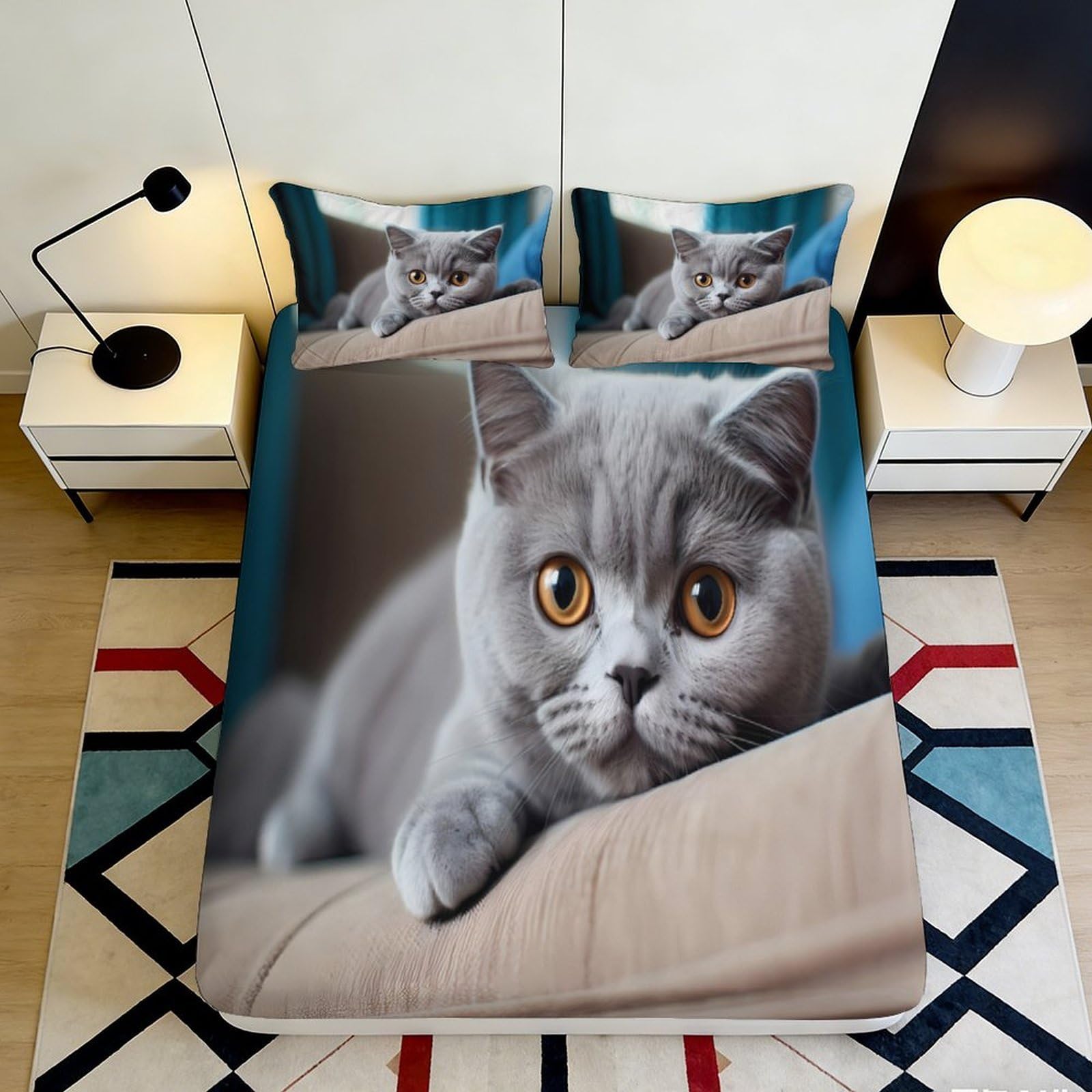3D Printed Grey Cat Fitted Sheet Microfiber Soft Bedroom Decor Animal Bed Cover for Adult Teen Guest Room 90x200x25cm