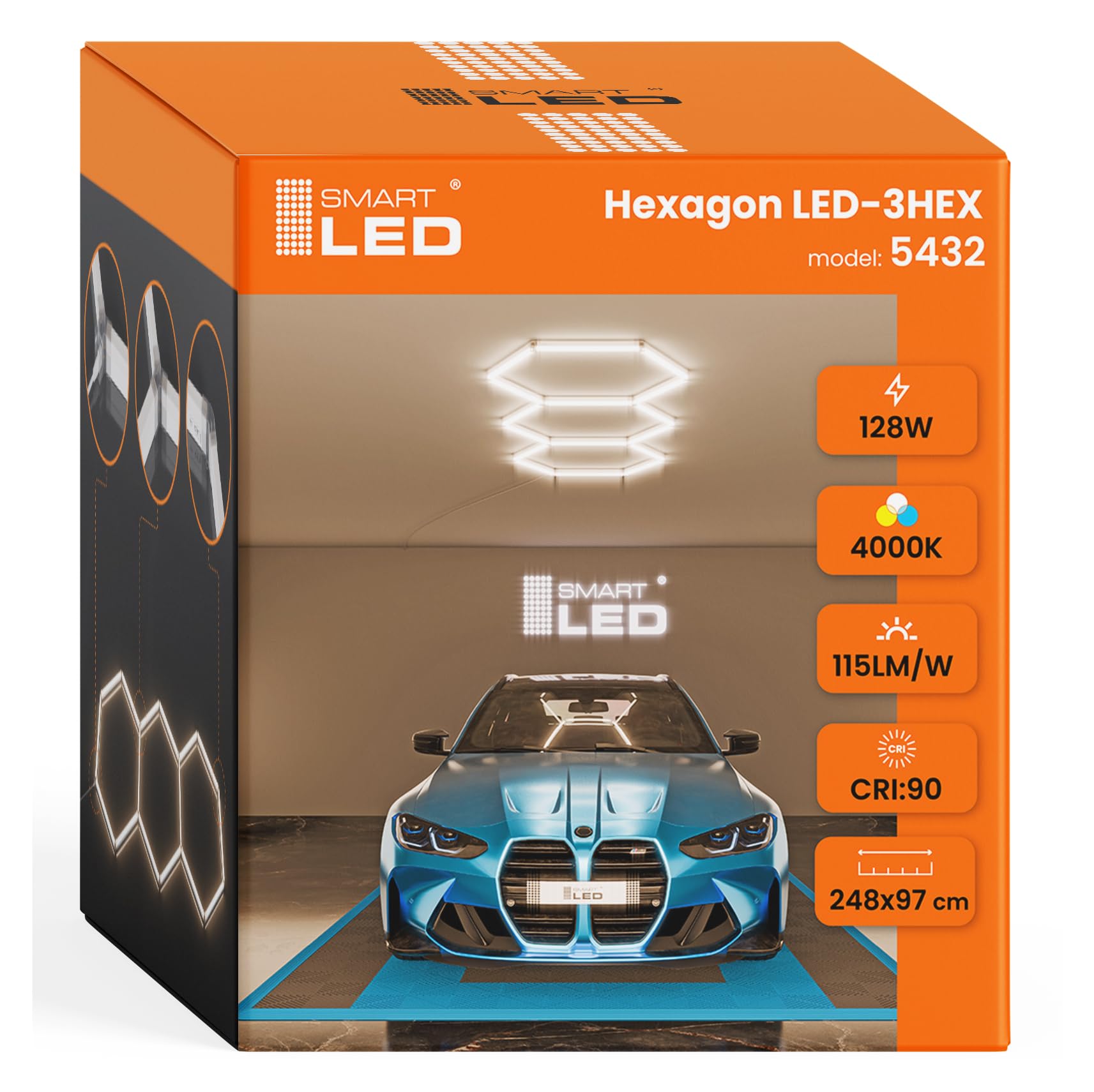 Hexagon LED Deckenlampe 248x97 cm – 16er Set Werkstattbeleuchtung 128W 14720lm – 4000K neutrale Farbe – IP54 flimmerfrei – LED Garagenbeleuchtung, Tattoo, Detailing, (248 x 97CM, neutrale Farbe)