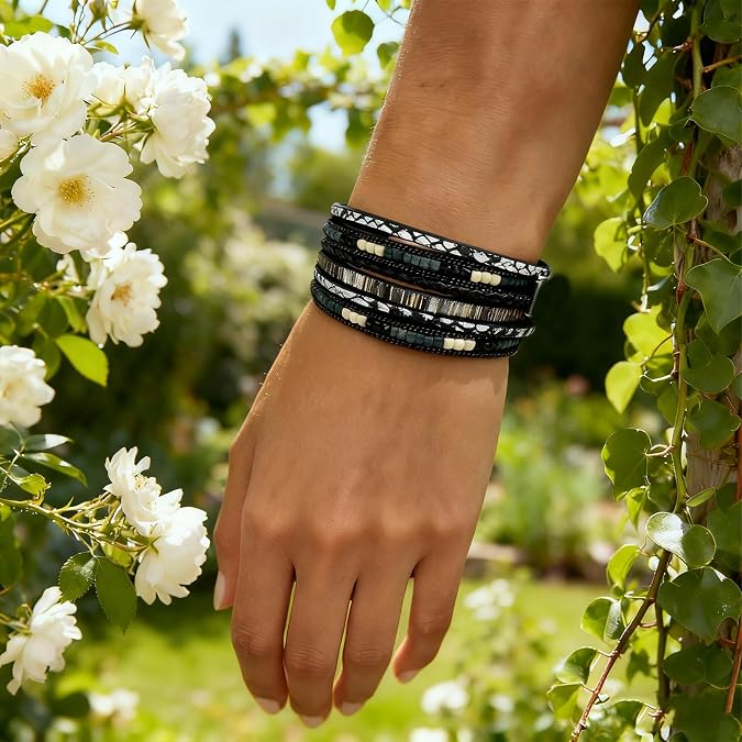 Leather Wrap Bracelets for Women, Boho Leopard Multi-Layer Crystal Beads Cuff Jewelry, Stackable Bangle Western Fashion Christmas Gift