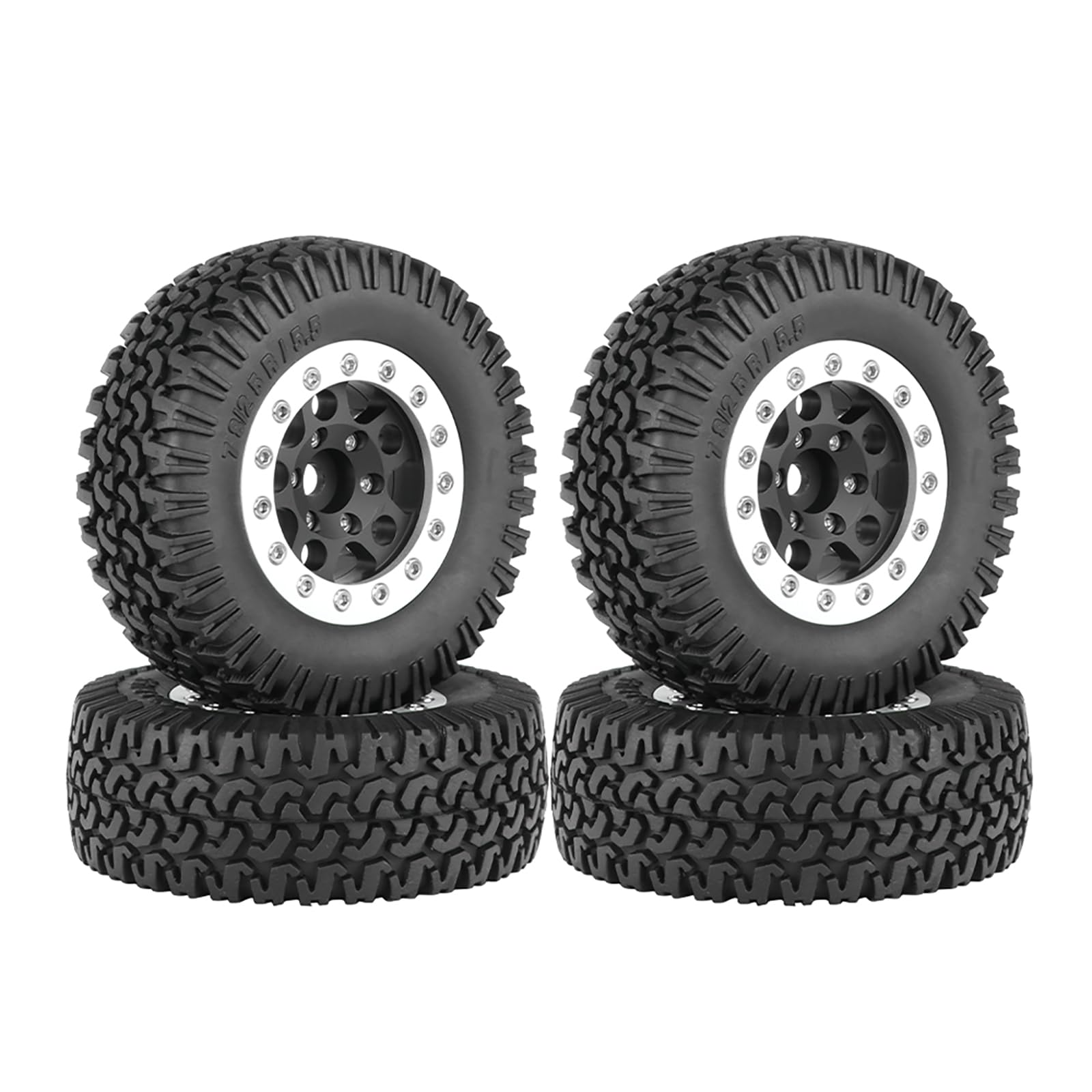 KINGCOO 4PCS 1.55Inch Aluminum Alloy Metal 5Spoke Beadlock Wheel Rims and Rubber Tires Set for 1/10 RC Rock Crawler Car for Axial AX90069 UTB18 D90 TF2 Tamiya Upgrade Parts (Black Silver, 76MM-A)