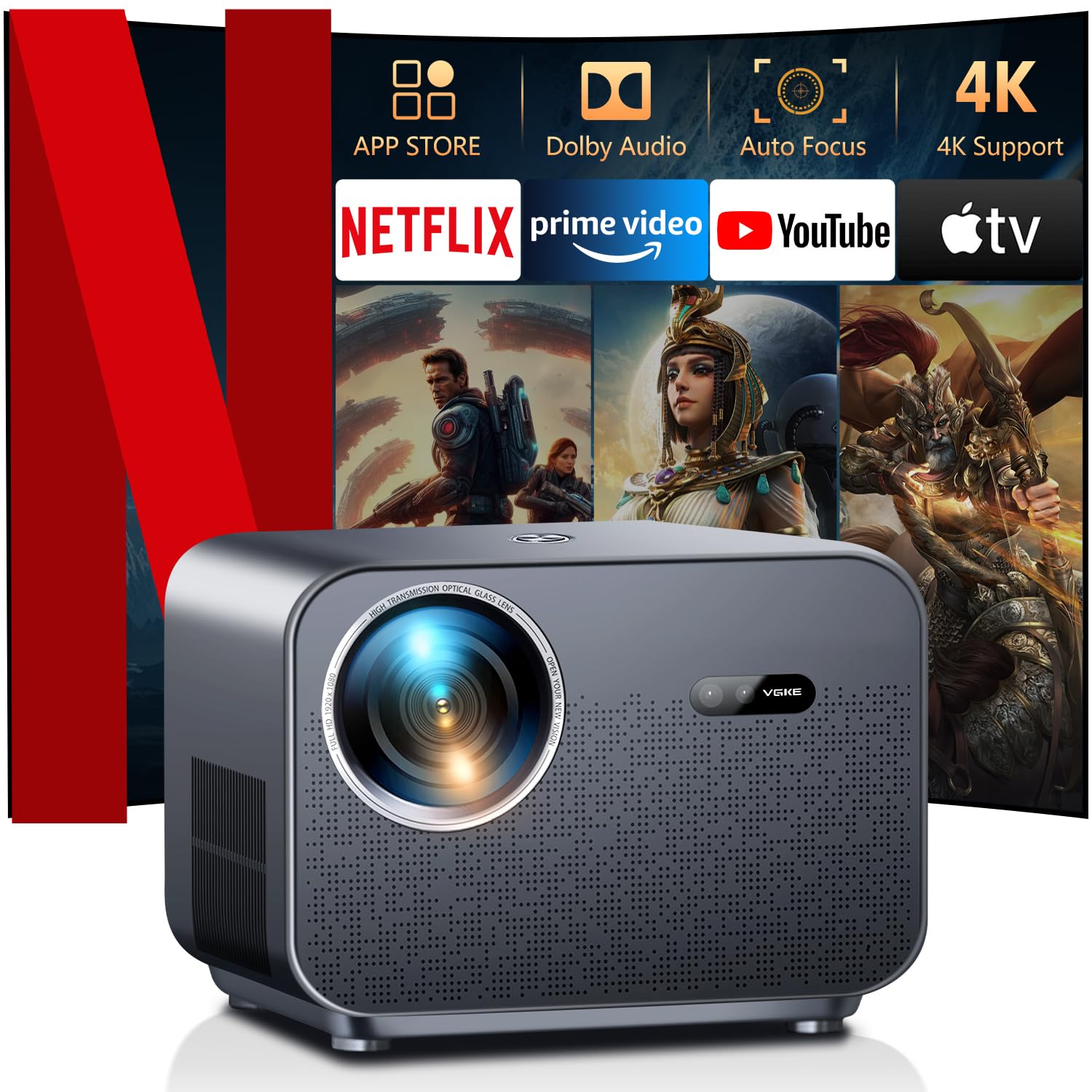 Vidéoprojecteur 4K VGKE, Compatible avec Netflix et Dolby Audio, 1100 ANSI Lumens Natif 1080p WiFi6 Bluetooth Rétroprojecteur pour Smartphone/PC/Console PS5