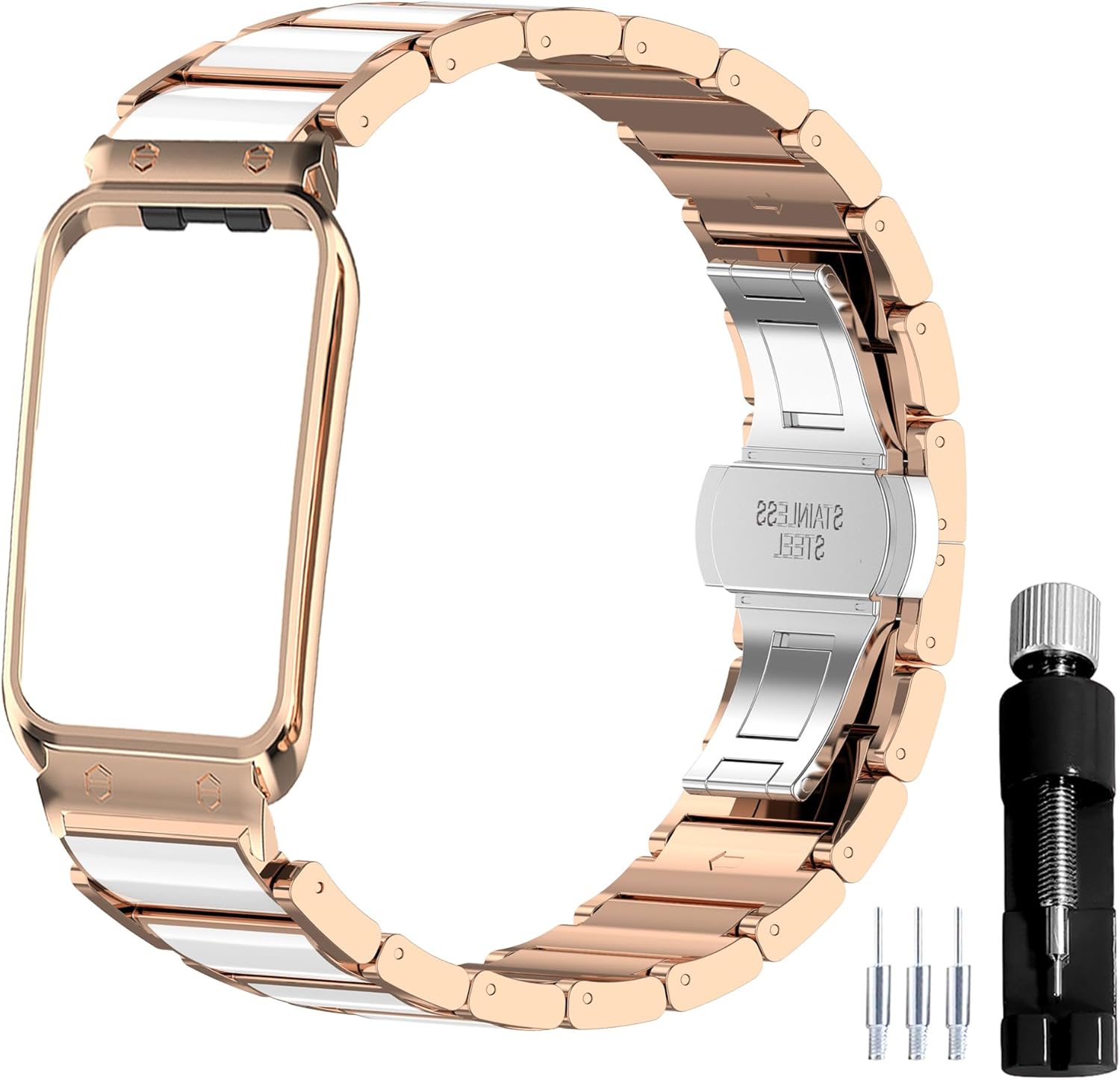 Metal & Ceramics Watchband Compatible with Samsung Galaxy Fit3[2024] SM-R390 Smartwatch Protective Frame Case Design Replacement Wrist Strap Bracelet
