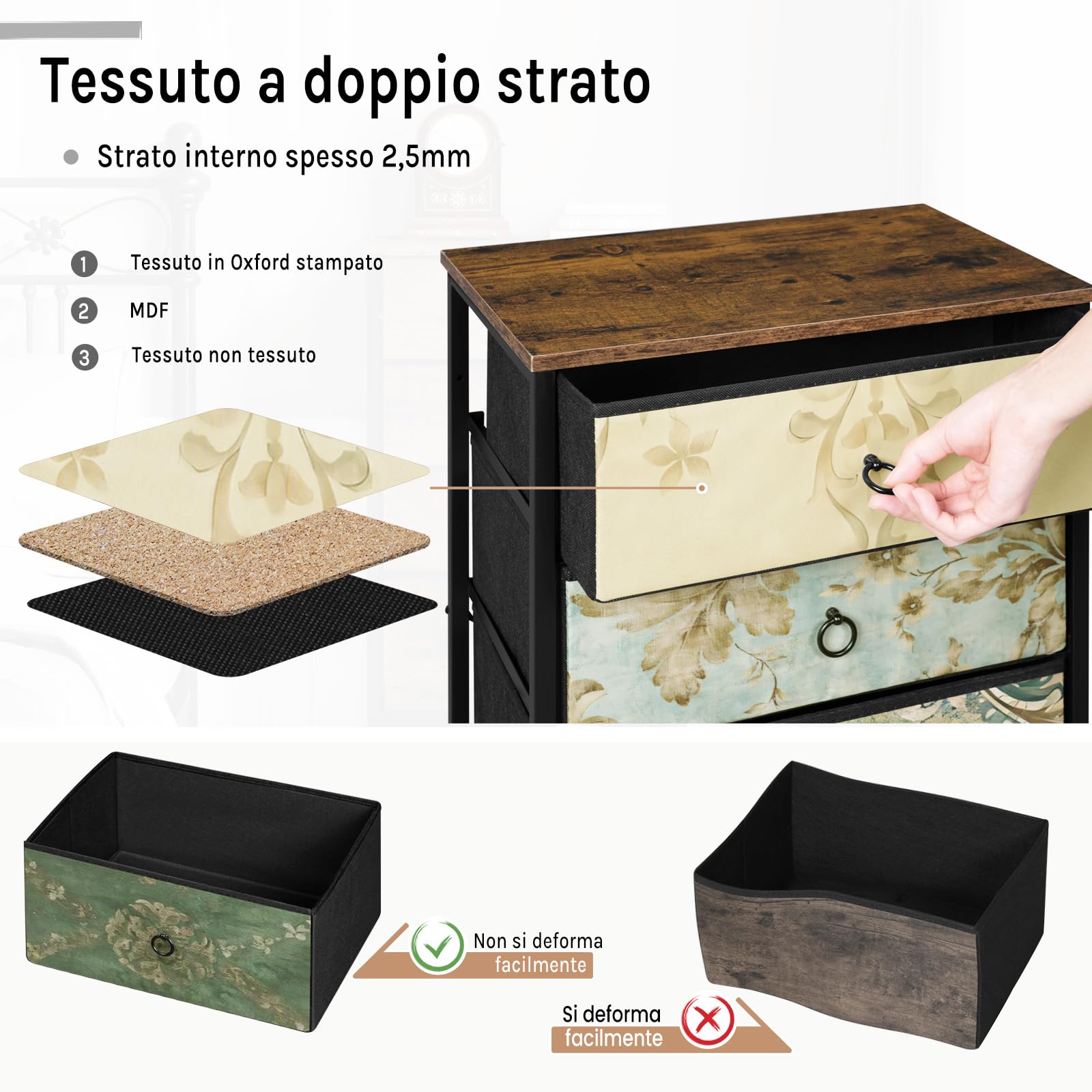 WOLTU Cassettiera, 5 Cassetti per Camera da Letto/Corridoio/Soggiorno, Marrone Rustico e Nero con Motivo Fiore Retrò, Struttura in Metallo, 45.5x30x95.5cm, SSK004pw