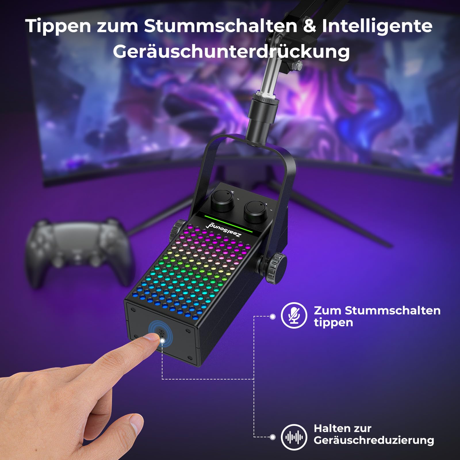 zealsound Xbox Gaming Mikrofon mit Arm, USB Mikrofon für PC, Handy, & PS5 | Rauschunterdrückendes, Mute, Gain-Control, Echtzeit-Monitoring und RGB-Beleuchtung, Plug & Play für Streaming, Podcast, Zoom