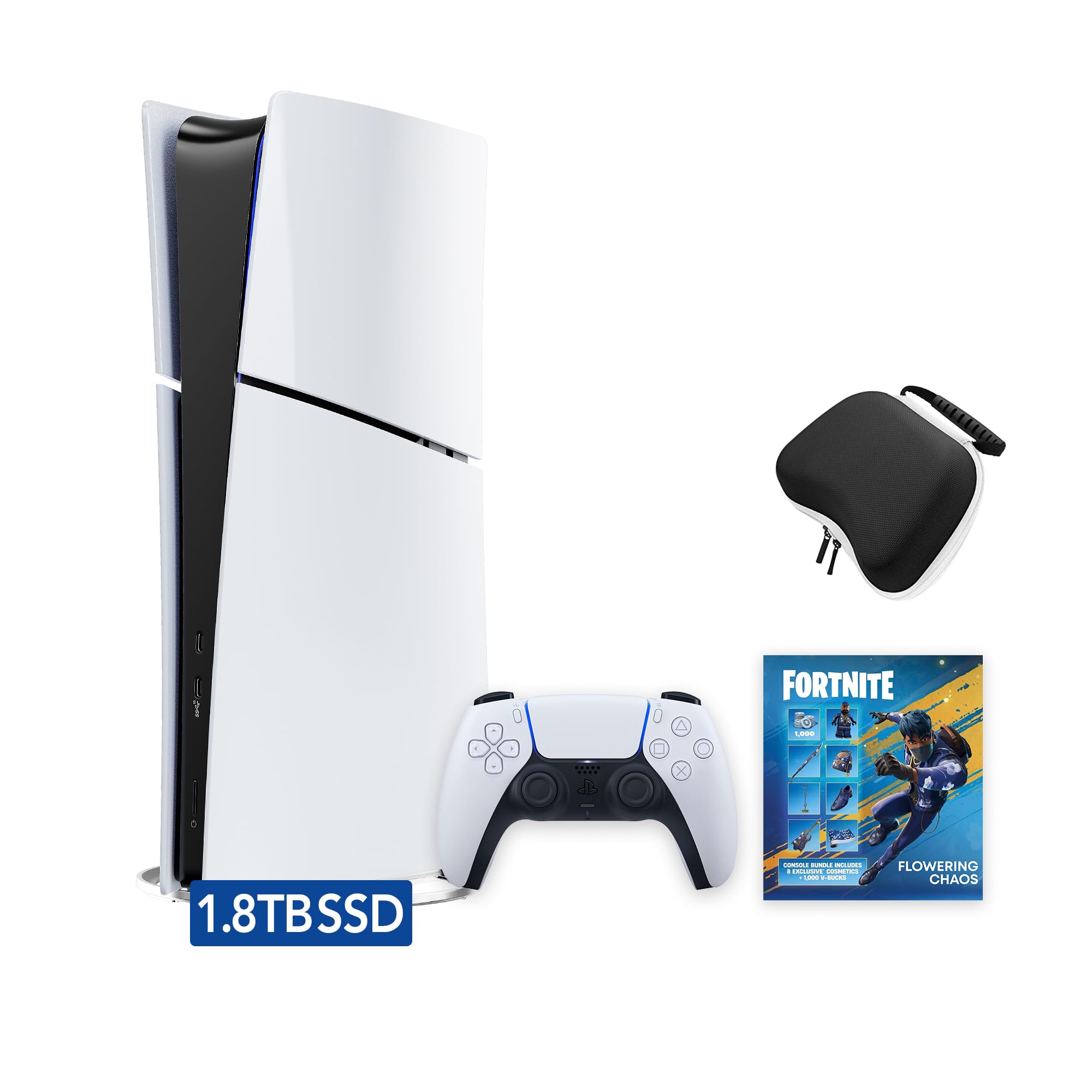 PlayStation 5 Slim Upgraded 1.8TB Digital Edition Fortnite Flowering Chaos Bundle and Mytrix Controller Case - White, Slim PS5 1.8TB PCIe SSD Gaming Console