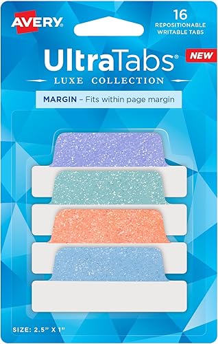 Avery Margin Ultra Tabs, 2.5 x 1 pulgada, diseños de brillo pastel, 16 pestañas de página reposicionables (74150)