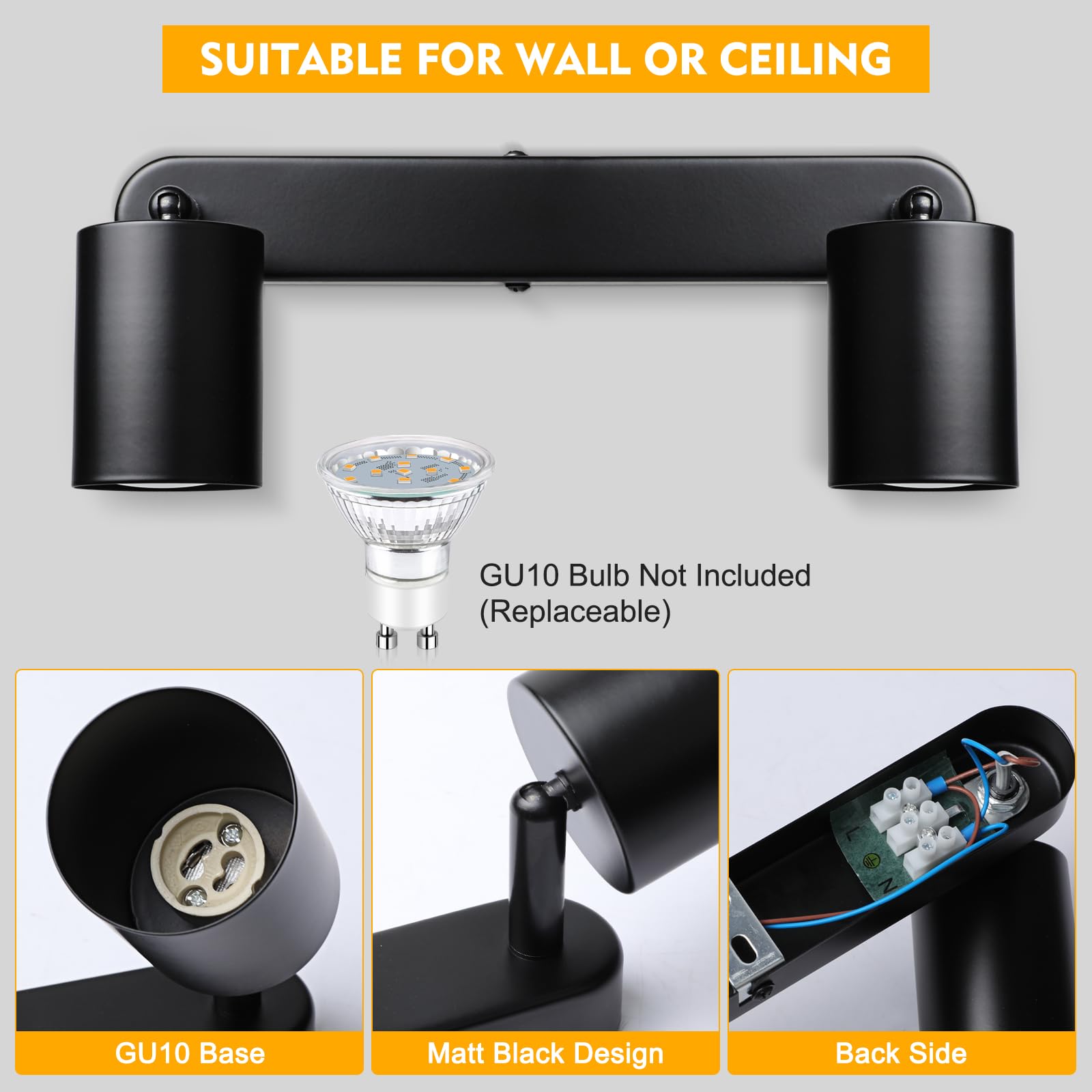 Smanu 2 Way Spotlight Ceiling Lights, Modern Kitchen Ceiling Light Fittings Black, Industrial Ceiling Spots Wall Lights - Image 3