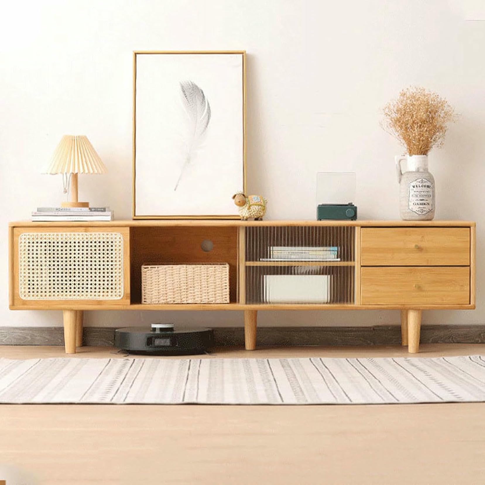 Mobile TV moderno Mid-Century con console Der Slish Wood Ma per TV, intrattenimento e gioco, pelliccia di ispirazione vintage per soggiorno e home theater