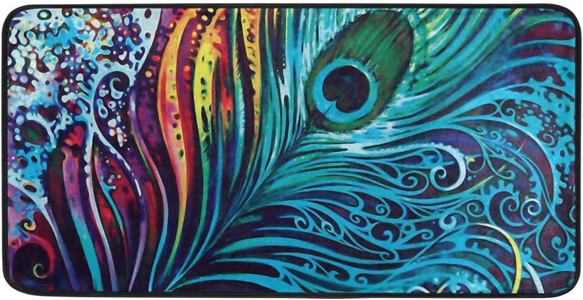 Kitchen Rugs Vibrant Peacock Feather Design Non-Slip Soft Kitchen Mats Bath Rug Runner Doormats Carpet for Home Decor, 39" X 20"
