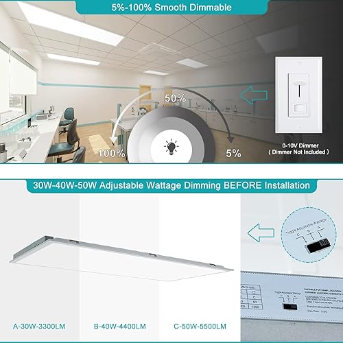 Miniatura 3 de VocgoUU Lámpara de techo LED de 2 x 4 pulgadas, 5000 K, 4000 K, 3000 K, seleccionable y regulable de 0 a 10 V, 50 W, 24 x 48 pulgadas, luz de panel