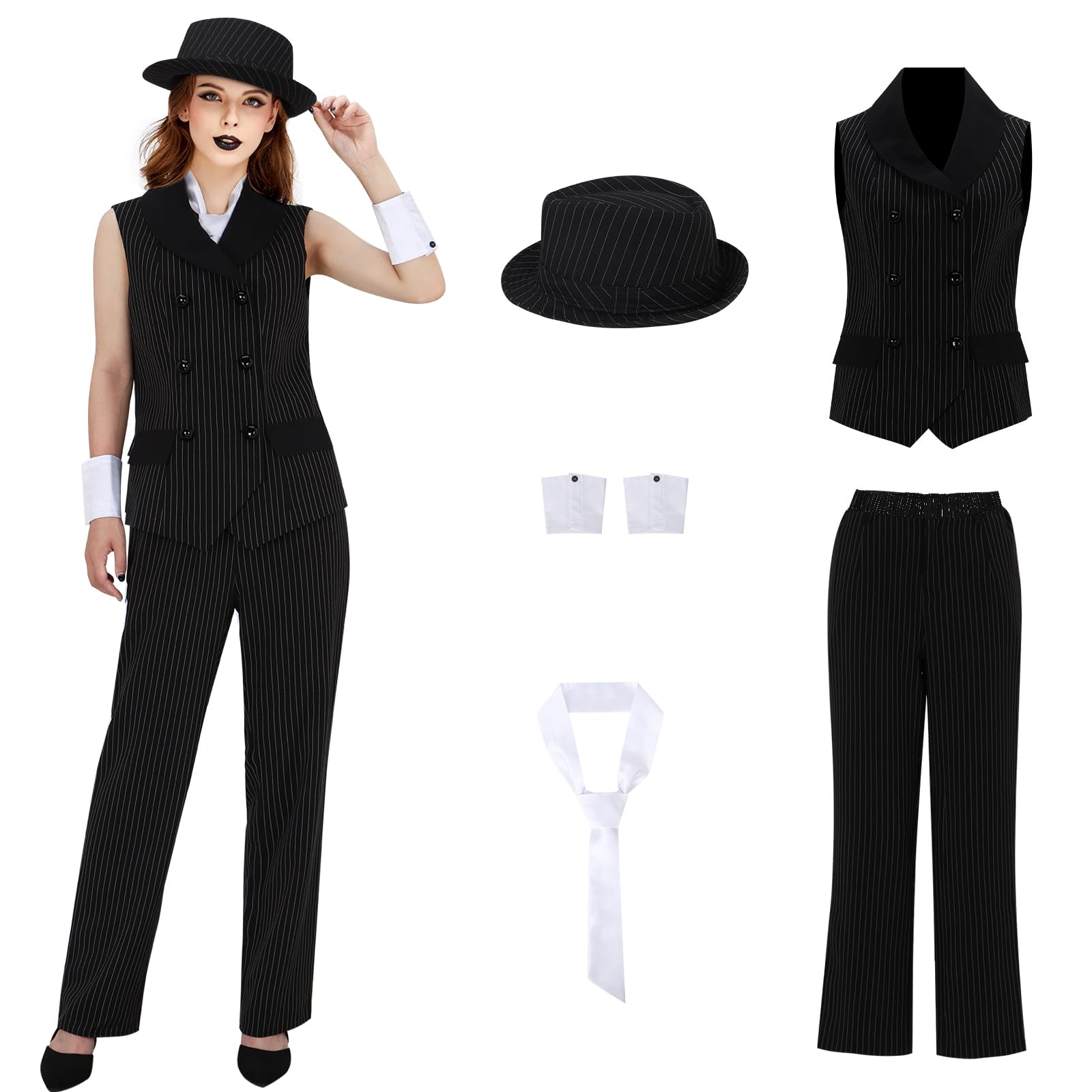 LIKUNGOU Ladies Mafia Pinstripe Costume Women 1920s Gangster Fancy Dress  Set Outfit Halloween Carnival Party Suit (L) - BigaMart