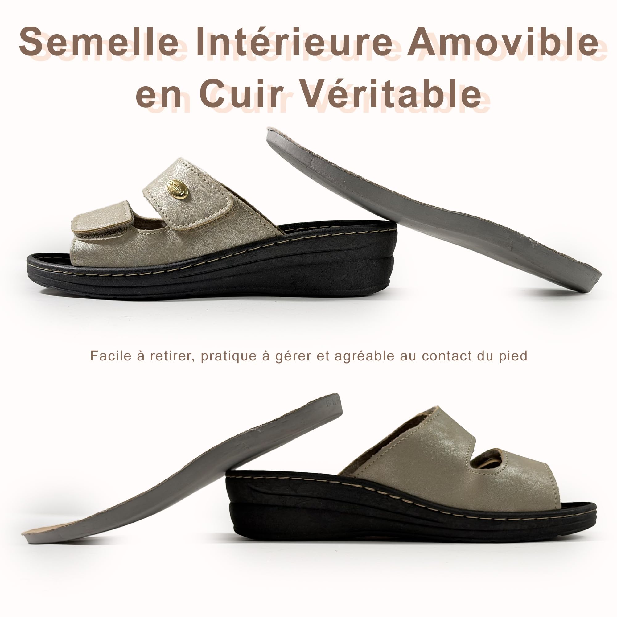 JOMIX Mules Femme Orthopédiques à Scratch Pantoufles d'Été Anatomiques Semelle Amovible en Cuir Véritable Sandales églables Compensées Confortables pour Pieds Sensibles et Senior Bleu 35