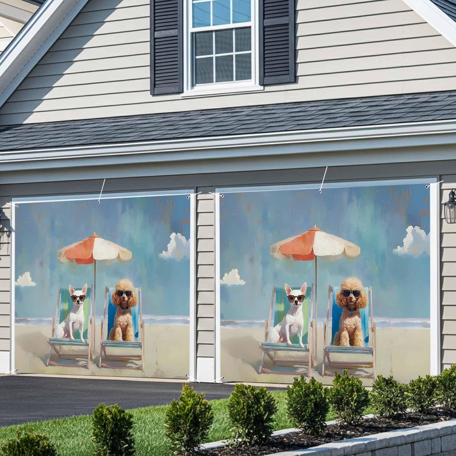 Summer 7 x 16 ft Garage Door Cover Abstract Puppy Holidays Beach Dog Large Decorations Waterproof Banner for Holiday Outdoor Decor