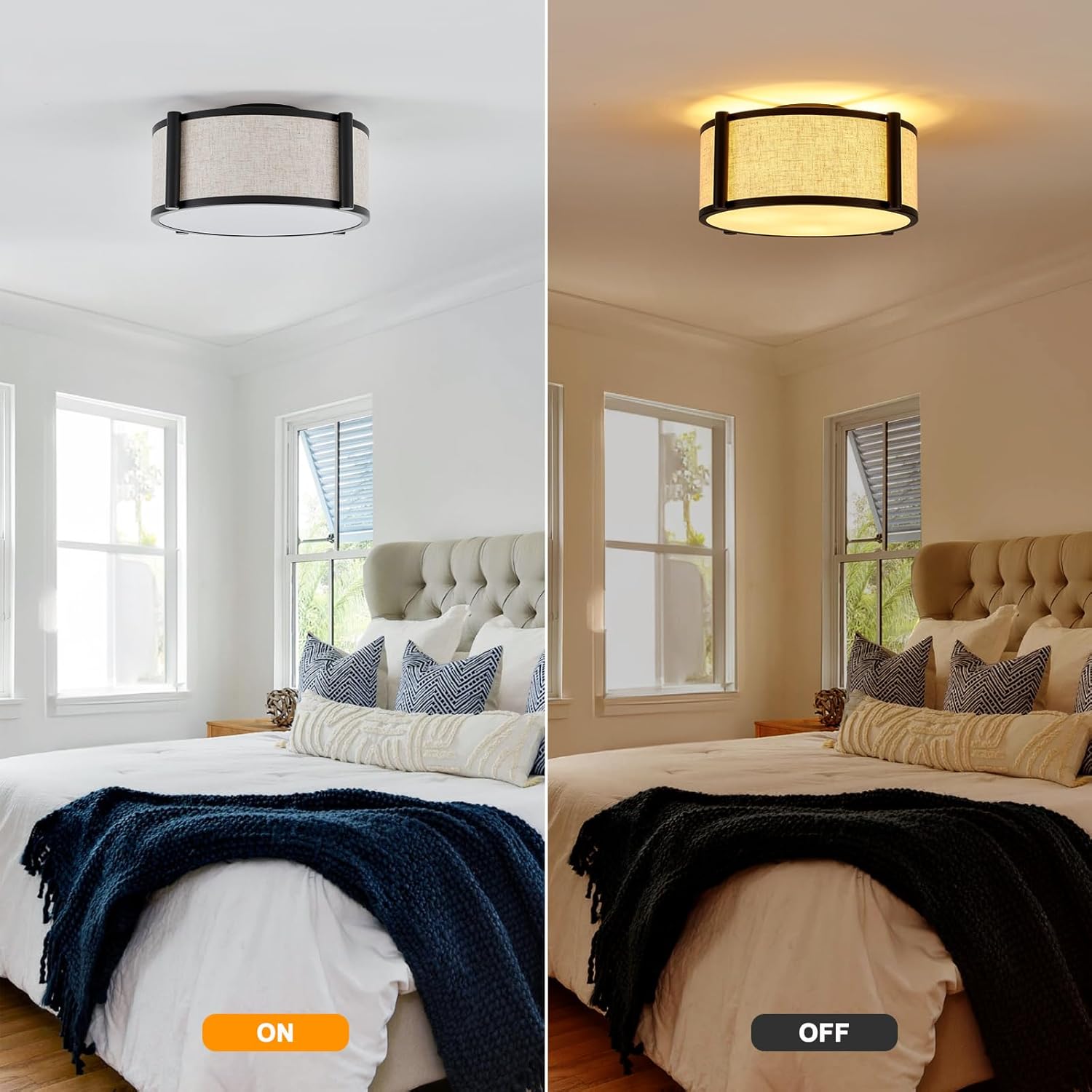 13" Semi Flush Mount Ceiling Light Modern 3-Lights Black Drum Ceiling Light Fixture with Fabric Linen Shade, Vintage Modern Ceiling Lighting for Laundry Room, Kitchen, Basement, Bedroom