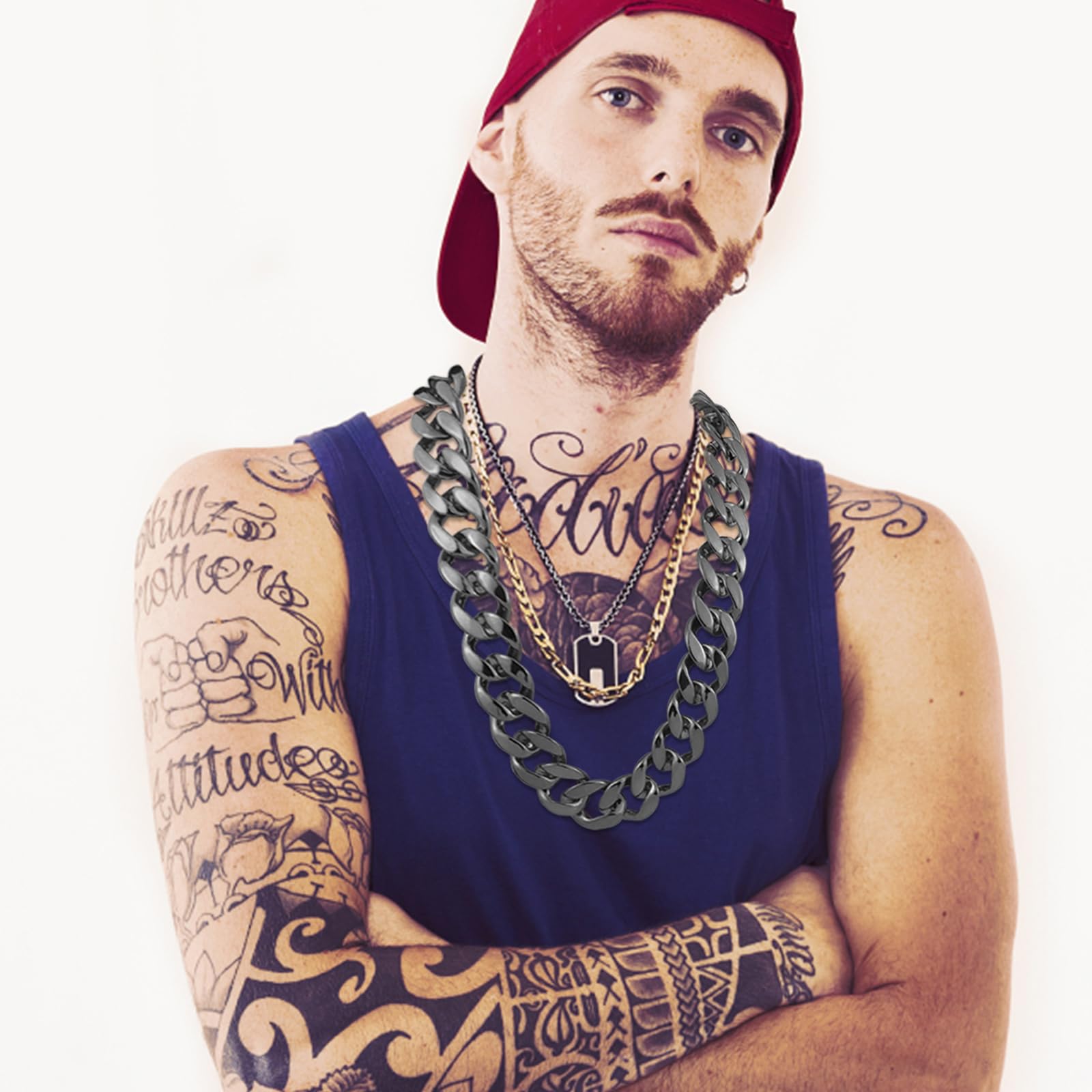 Confezione da 2 collane grandi e spesse, in plastica, stile hip hop, da uomo, in oro e argento, stile anni '90, accessorio per costume