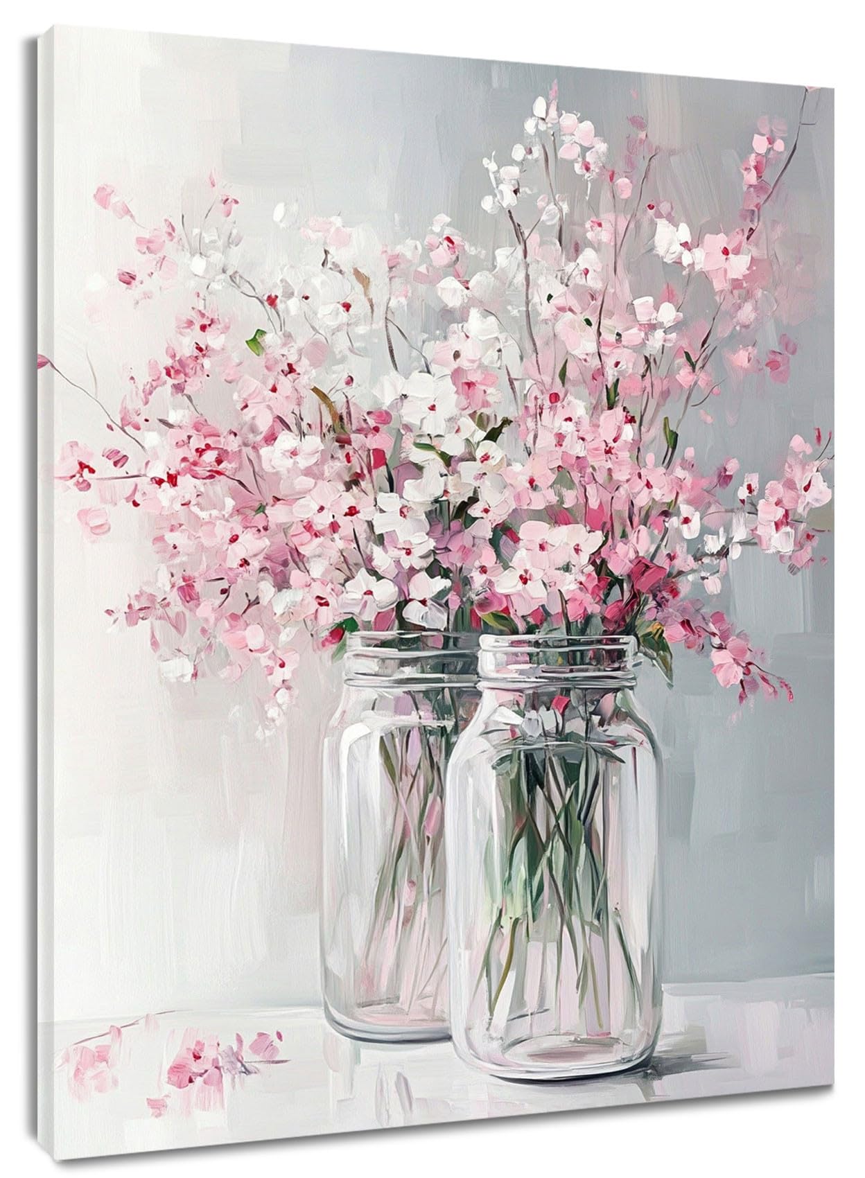LB Pink Flower Wall Art- Aesthetic Bouquet in Vase Canvas Wall Art Grey Pastel Poster for Kitchen Bathroom Bedroom Living Room Decor,8Wx10H inch Wooden Framed