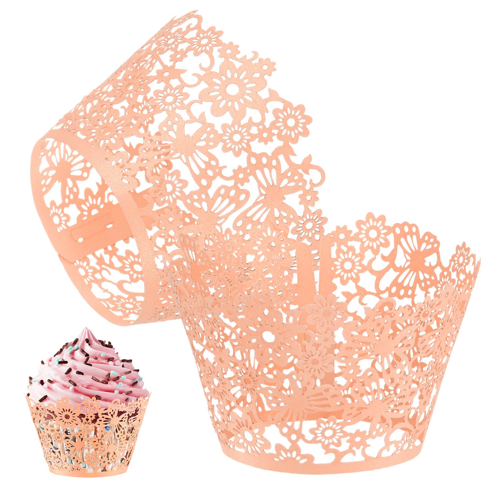 M METERXITY 50-Pack Cupcake Wrappers, Pearlescent Art Paper, Floral Lace Hollow Out Cupcake Liners for Wedding/Birthday Party Decoration, Bake Cake Paper[Light Pink]