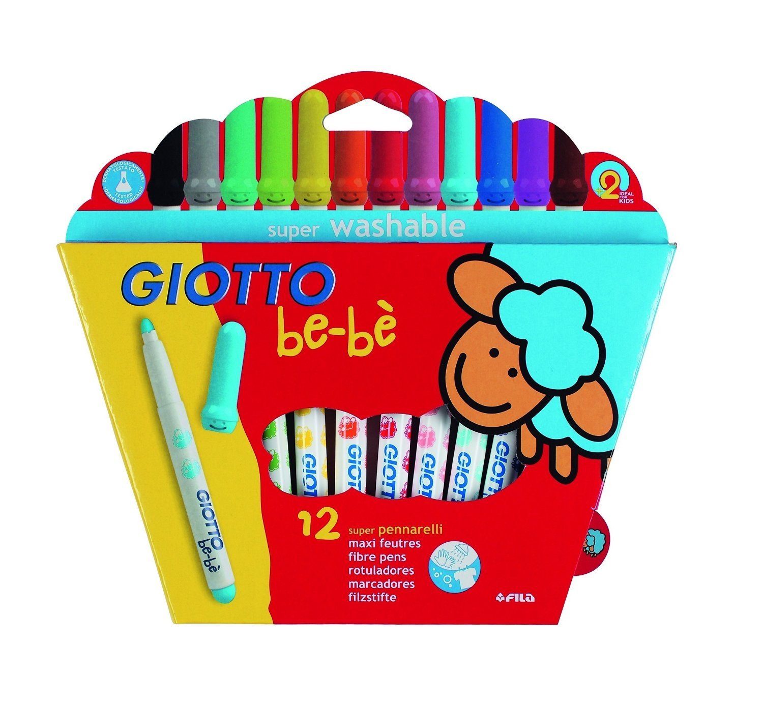 Giotto be-bè 466700 - Estuche 12 rotuladores súper lavables, punta bloqueada que no se hunde (tapón ventilado y capuchón posterior de seguridad)