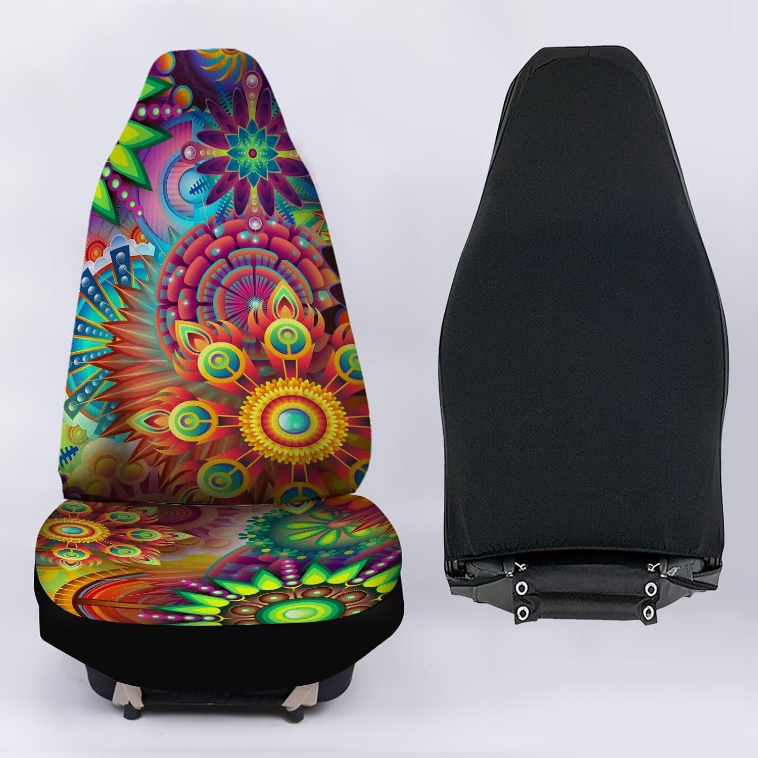 Bright Colorful Mandala Floral Hippie Print Auto Seat Cover, Thin Breathable Universal Car Front Seats Accessories Interior Decor 2 Pcs