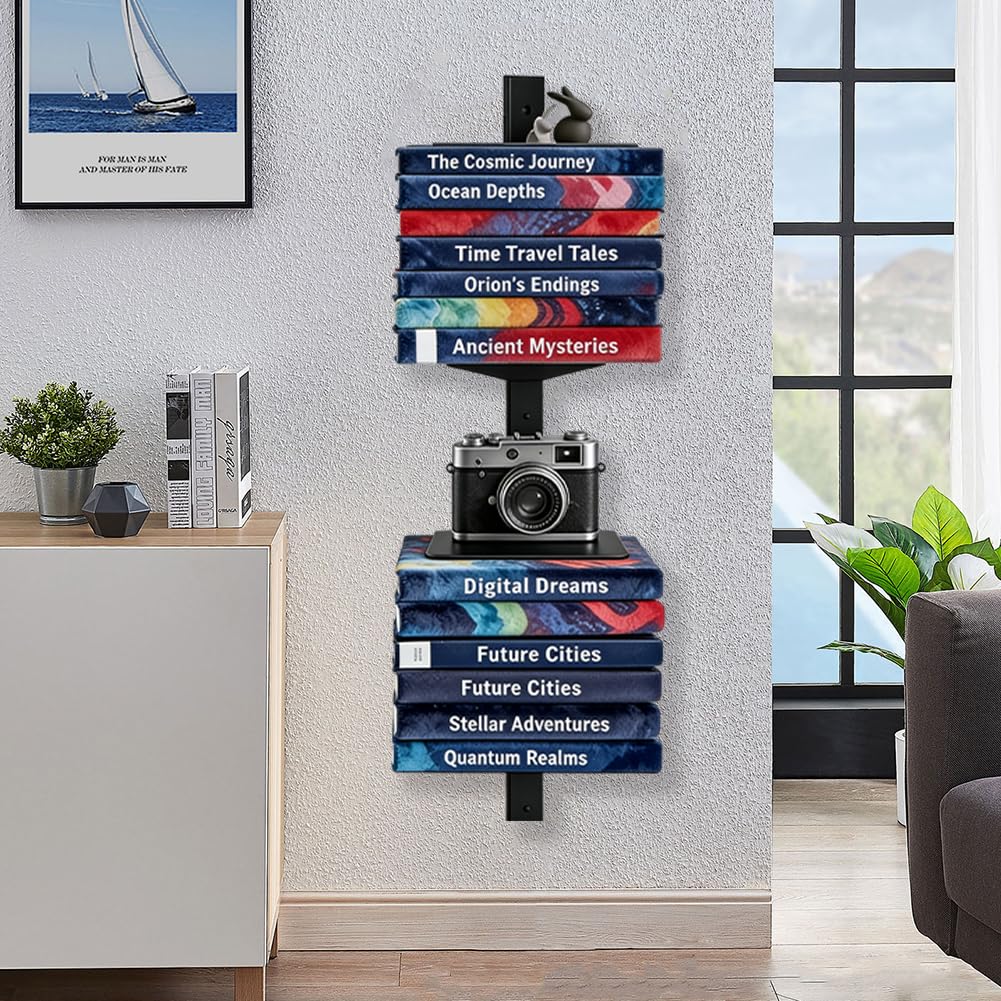 Set di 2 librerie sospese, invisibili, da parete, a 4 piani, in metallo, portata 12 kg per livello, nero