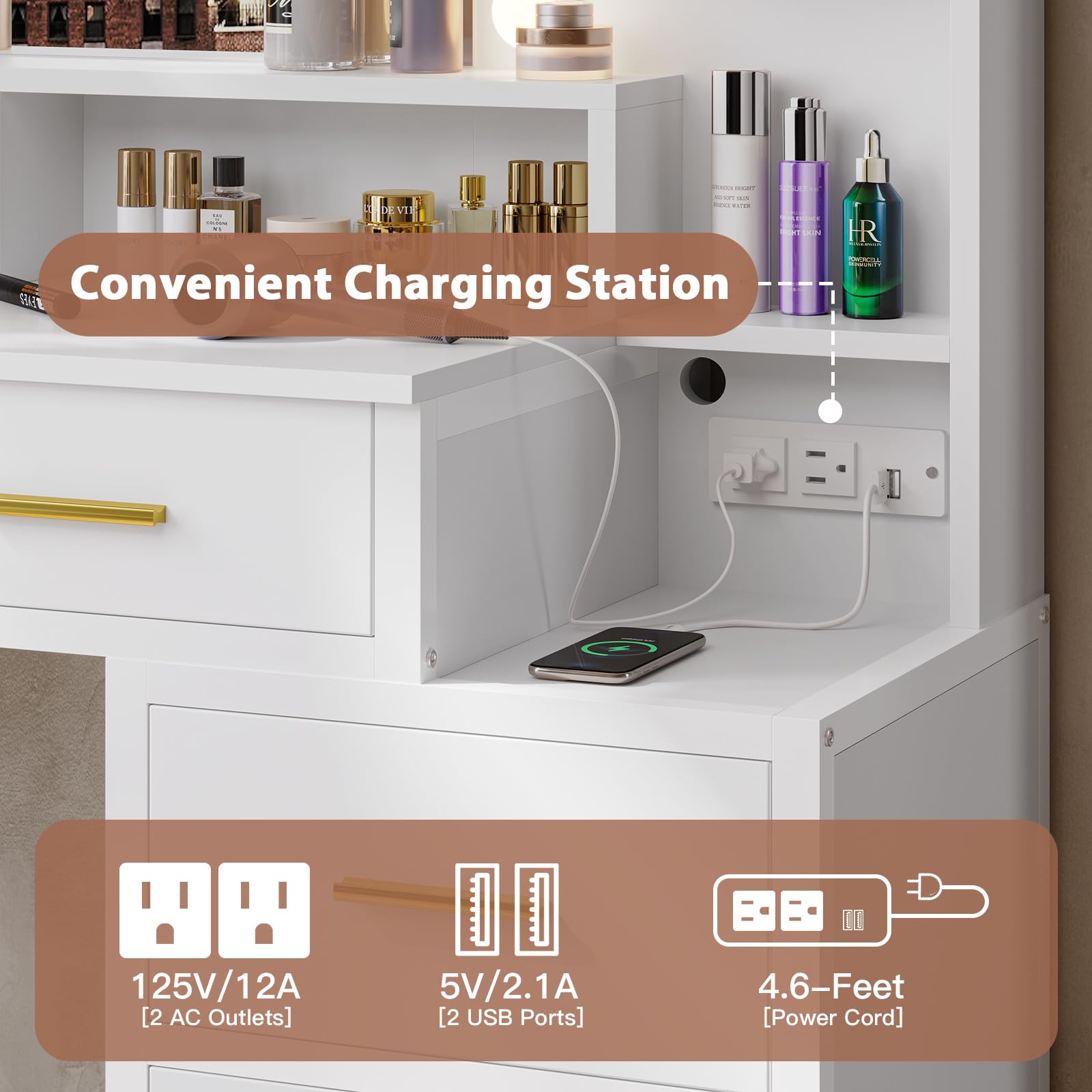 Tiptiper Makeup Vanity with Lights, Vanity Desk with Charging Station, White Vanity Table with 10 Light Bulbs Mirror & 3 Lighting Modes, Makeup Desk with Drawers, Nightstand and Storage Shelves