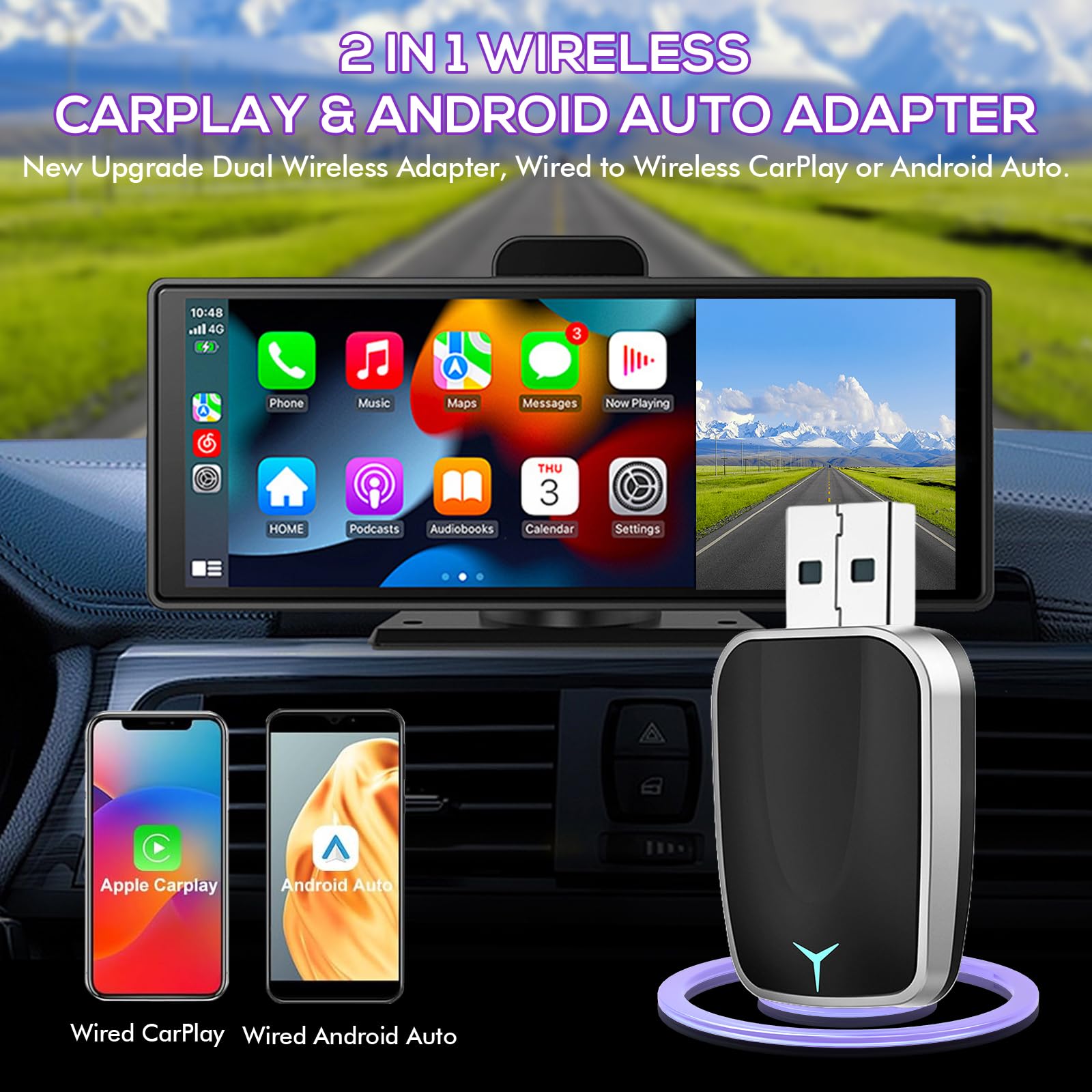 Adapter bezprzewodowy CarPlay 2 w 1 - USB-A/C Mini Android Auto dla iOS 12+ i samochodów z kablem CarPlay, Plug and Play