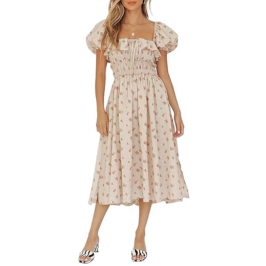 R.Vivimos Womens Summer Floral Print Puff Sleeves Vintage Ruffles Midi Dress