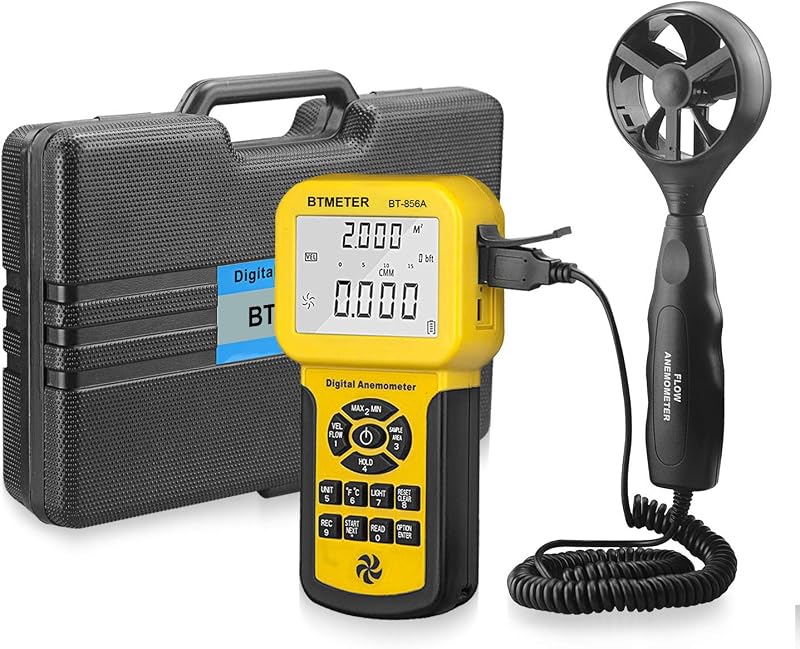 BTMETER Por HVAC Anemometer -CFM Meter Gauge Tester w/USB Data Export to PC | Air Flow Velocity Meter Measure Wind Speed, Wind Flow, Wind Temp Max Min Avg BT-856A 600 Sets of Data Records LCD Backlight