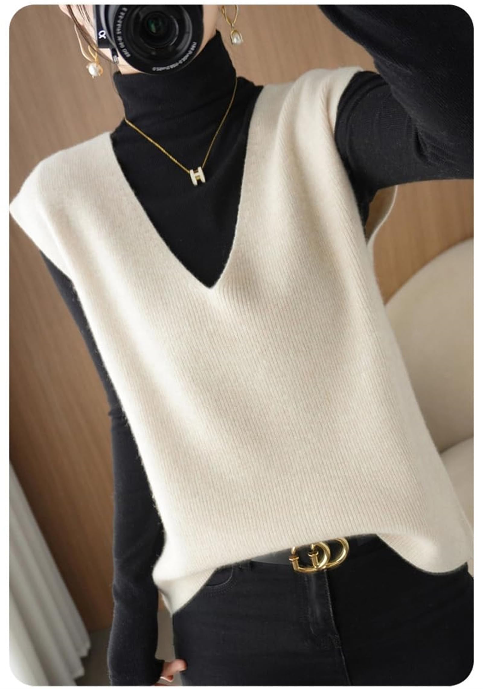 Strickweste für Damen, Kaschmir-Pullover, V-Ausschnitt, Schlitz, Kaschmir-Strick, ärmellos, lose Weste