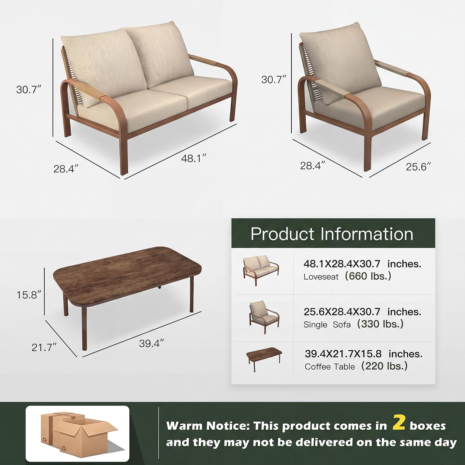 Aluminum Patio Conversation Set, 4-Piece Outdoor Furniture with Coffee Table, Loveseat and Cushions, All-Weather Sofa Set, Beige