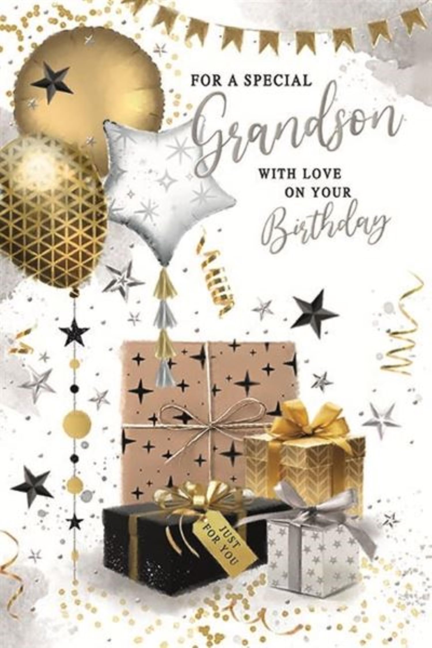 Cards Galore Online Grandson Birthday Card - Black Gold and Silver Balloons with Presents and Silver Foil 9x6