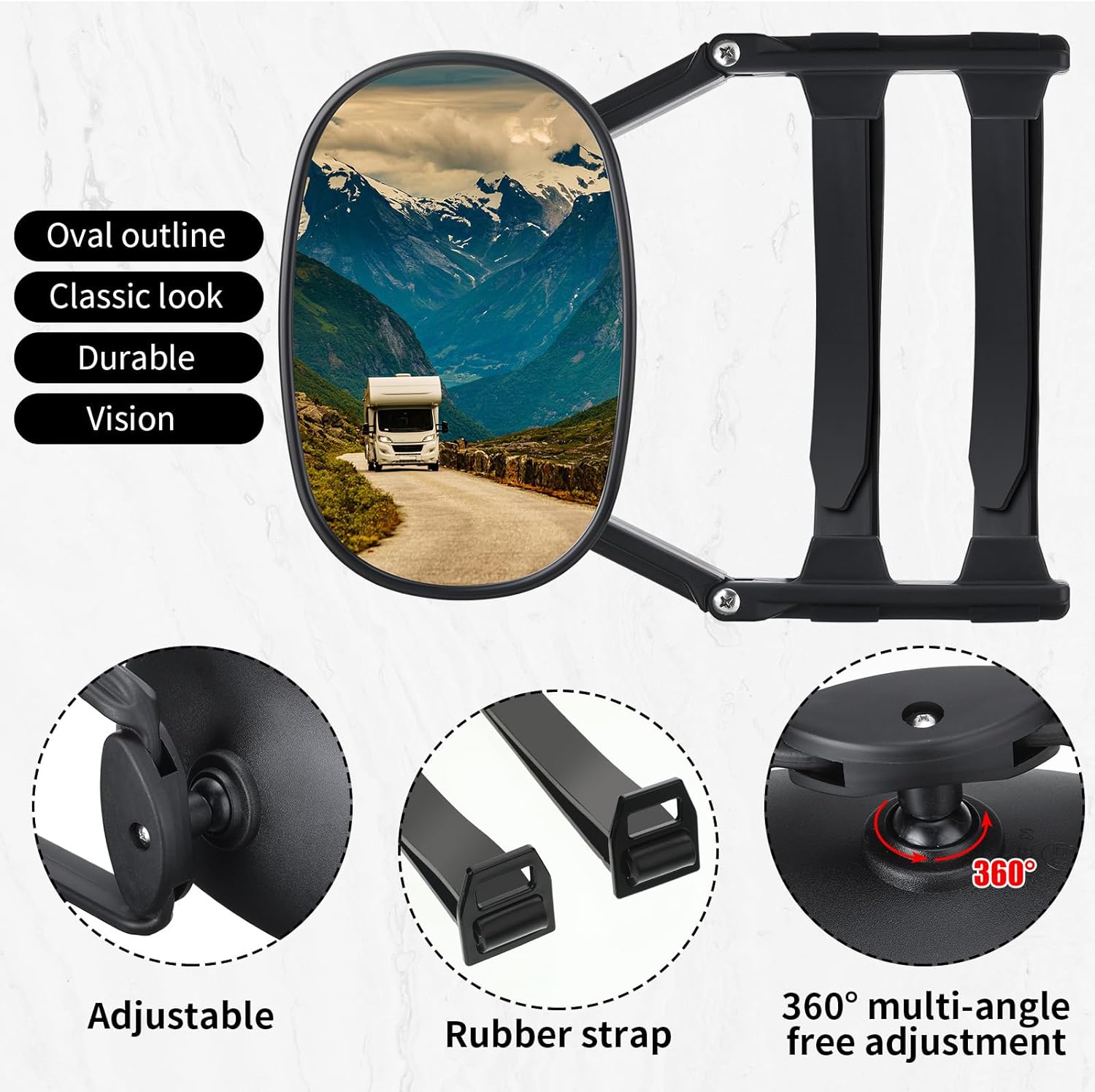 Tallew 360 Degree Rotation Extends Camper Towing Mirrors Adjustable Trailer Clip on Mirror Side Mirror Extensions for Towing Car Truck, Black(2 Pcs)