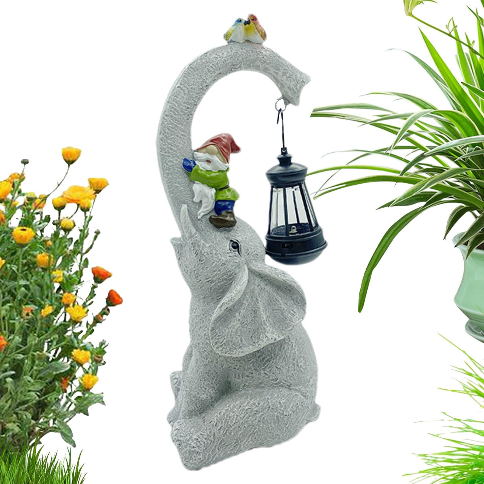 Statue de jardin éléphant extérieur, décoration solaire LED avec nain de pelouse