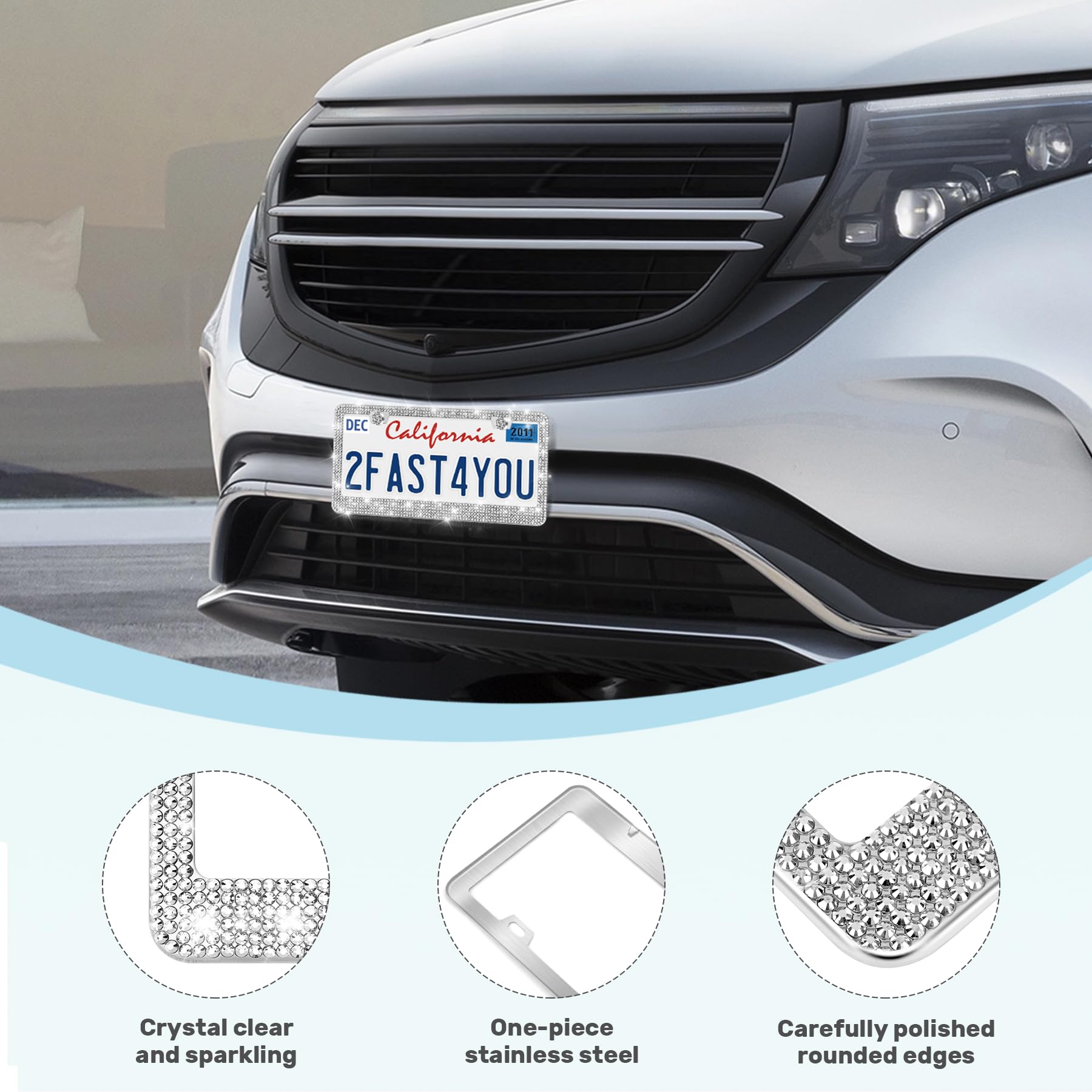 2 Pack Bling License Plate Frames Sparkly Rhinestone Diamond Car License Plate Cover for Women Stainless Steel Car — view 4