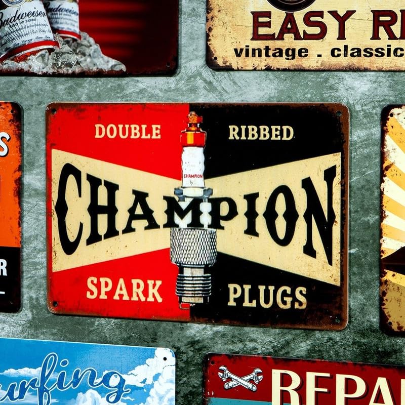 Image of Eazywagon Decorative Retro Metal Signs Wall Plate - 12x8 Inch (Champion Spark Plugs) | Weatherproof Vintage Metal Sign Plate for Cafe, Home, Bar, Garage | Decorative Wall Hanging Sign Board