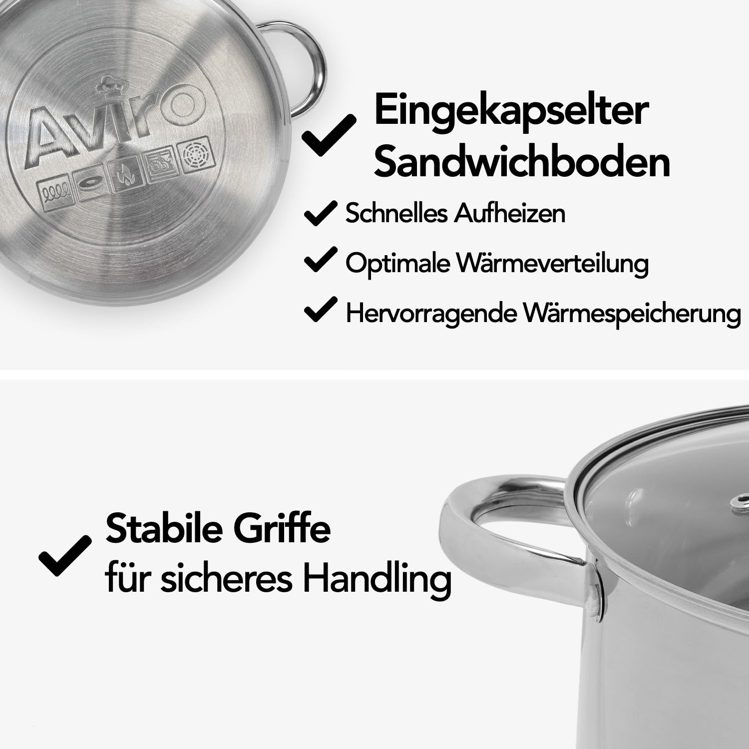 Brixy Suppentopf Kochtopf mit Glasdeckel, 16,5 Liter Fassungsvermögen, 30 cm Durchmesser, Induktionsgeeignet, Edelstahl Silberfarben
