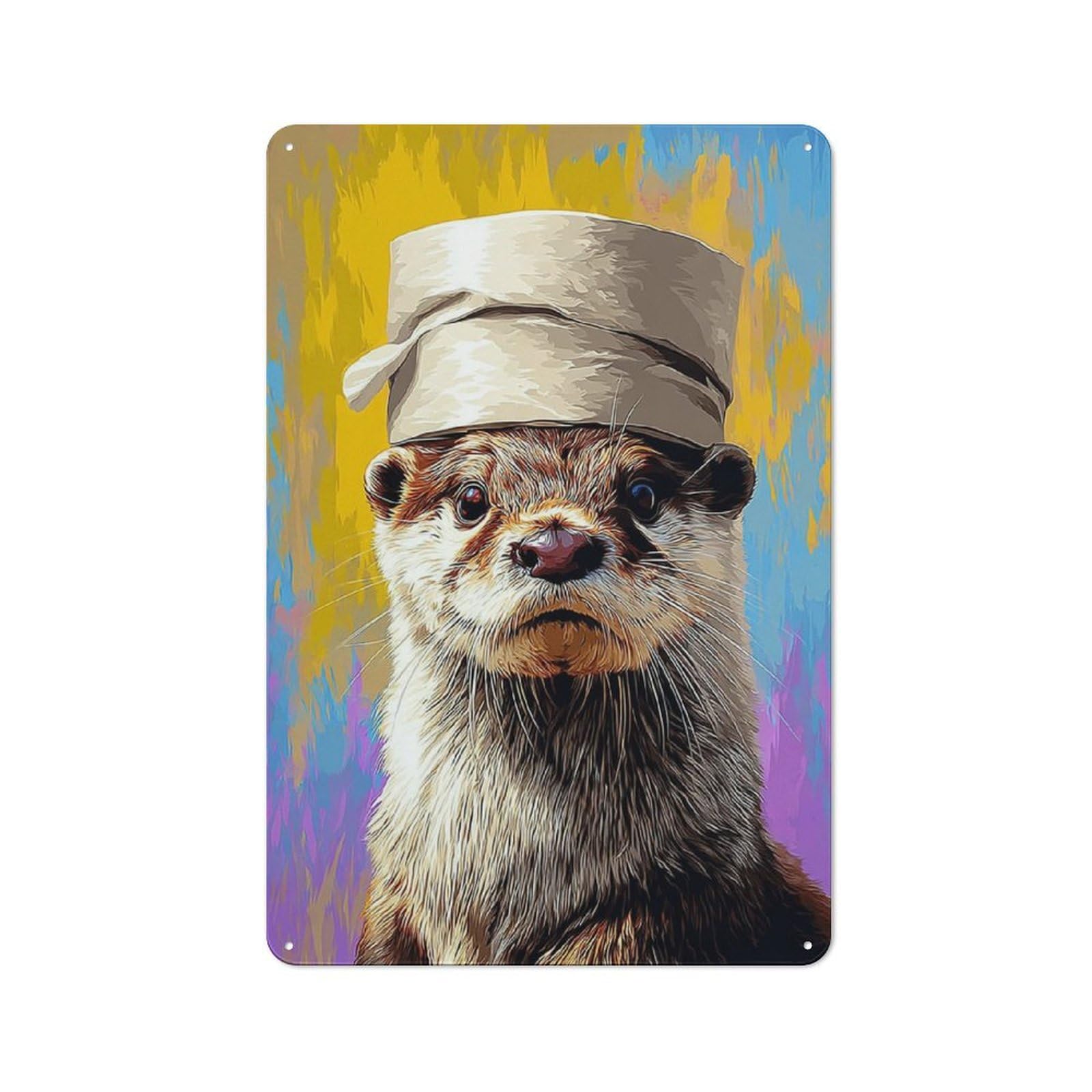 Junmoney Otter In A Hat Colorful Portrait Decorative Tin Plaque With Design 30X20cm, Classic Novelty Wall Art For Flat, Dorm Room, Lounge Or Cafe