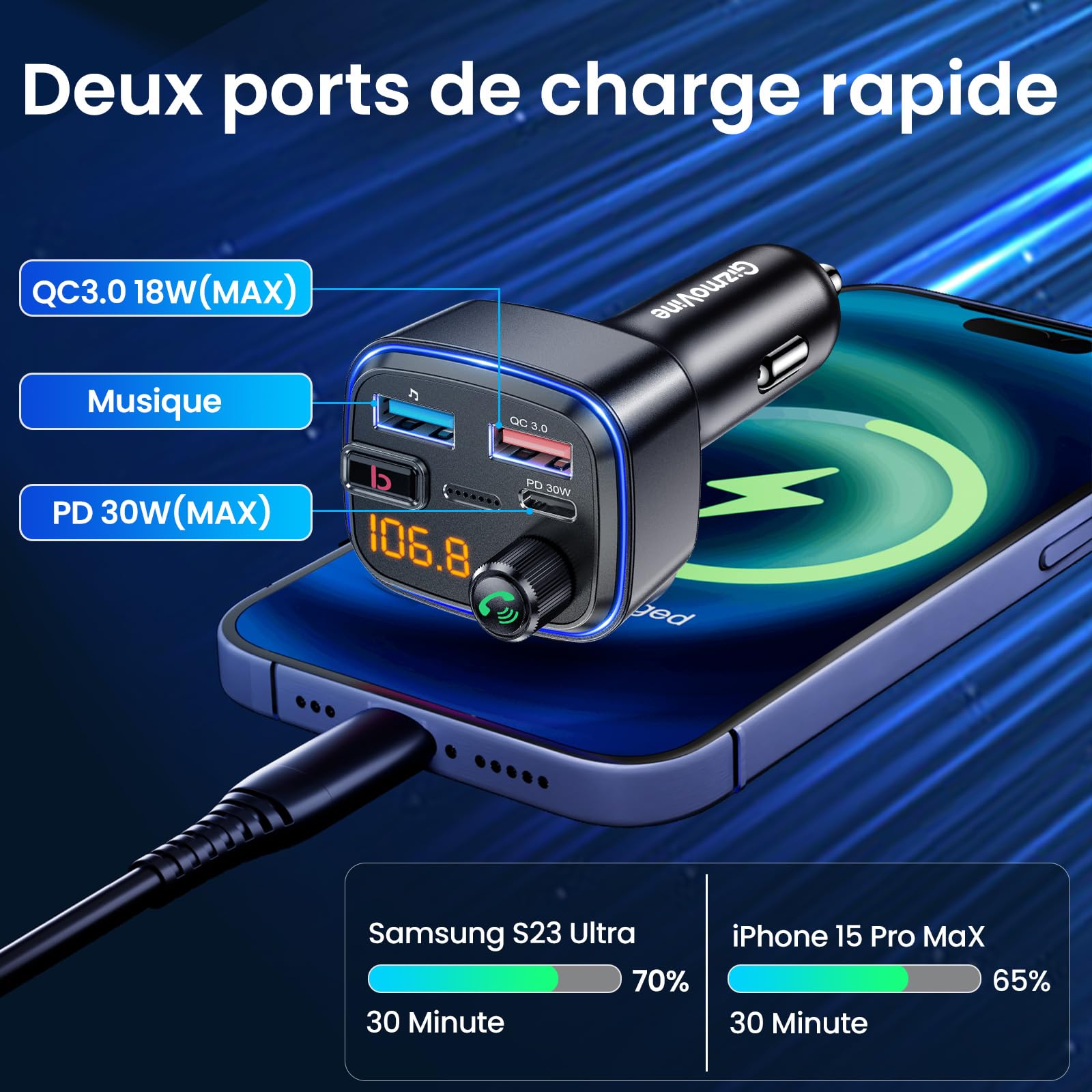 Adaptateur Bluetooth Voiture 5.3 Avec Charge Rapide - Double Micro, Transmetteur FM, 36W