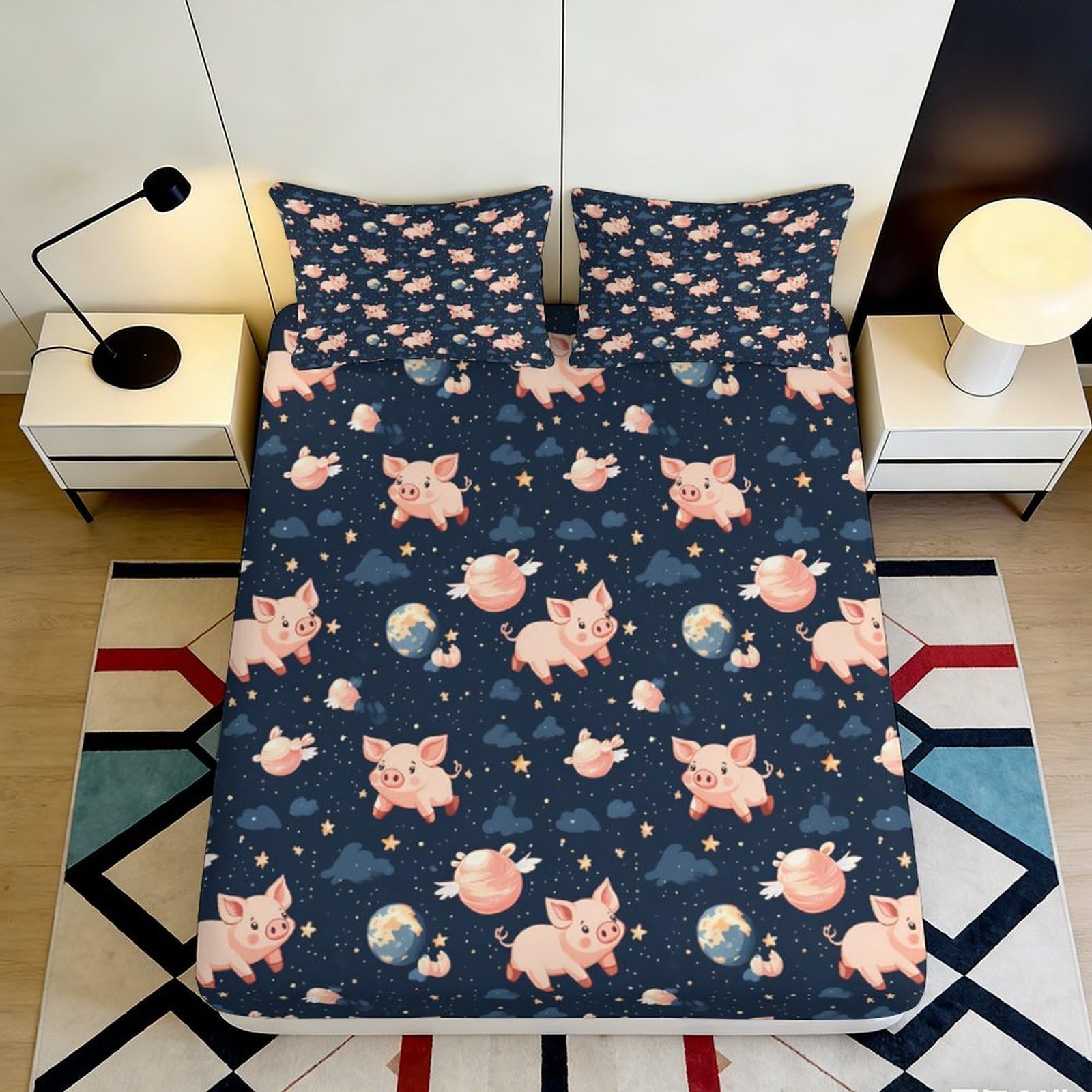 3D Printed Cute Piggy Fitted Sheet Microfiber Soft Breathable Cartoon Clouds Bed Cover for Bedroom Dorm Decor 90x200x25cm