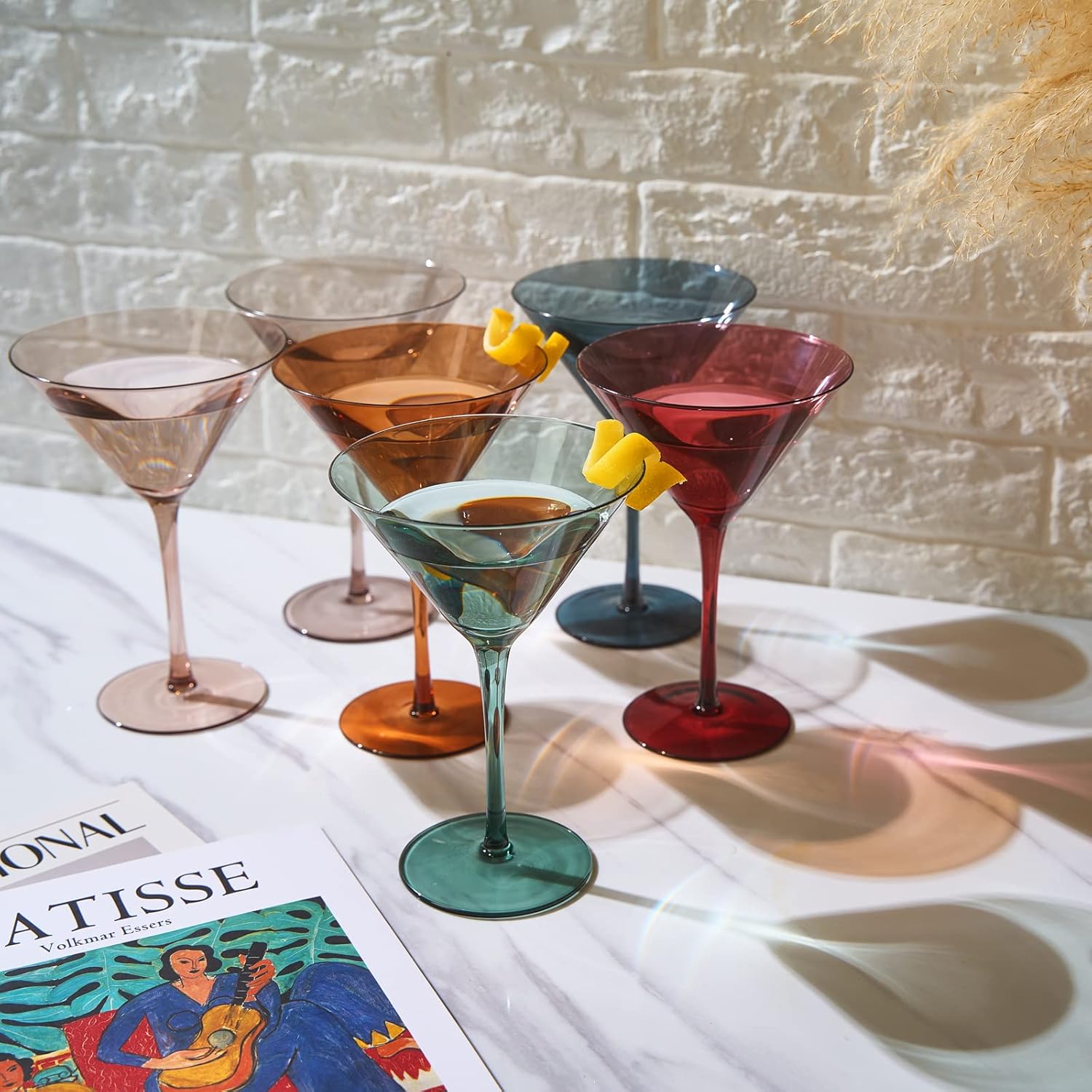 Colored Martini & Cocktail Crystal Glasses - 10oz | Set of 6 | Cute Pastel Muted Crystal Cocktail Glassware, Unique Gift Wife, Her, Mom, Friend Cocktails, Red & White Tall Stemmed Drinkware, Gifts