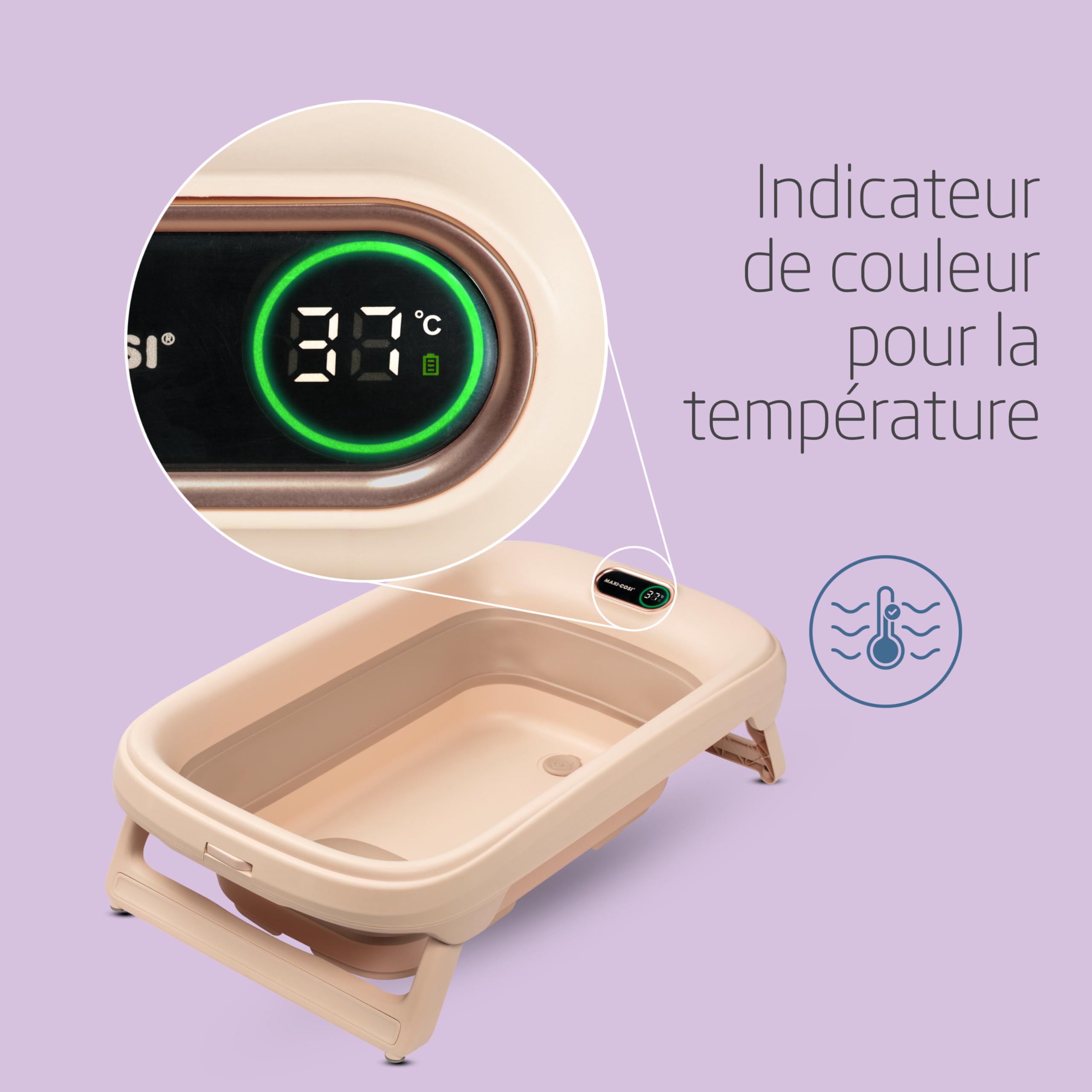 Maxi-Cosi Indigo Baignoire Pliable Bébé, 0-4 Ans, Baignoire Enfant Spacieuse, Thermomètre HighSense Intégré, Antidérapante, Crochet de Suspension Rétractable, Pliage à Plat, Muted Terra