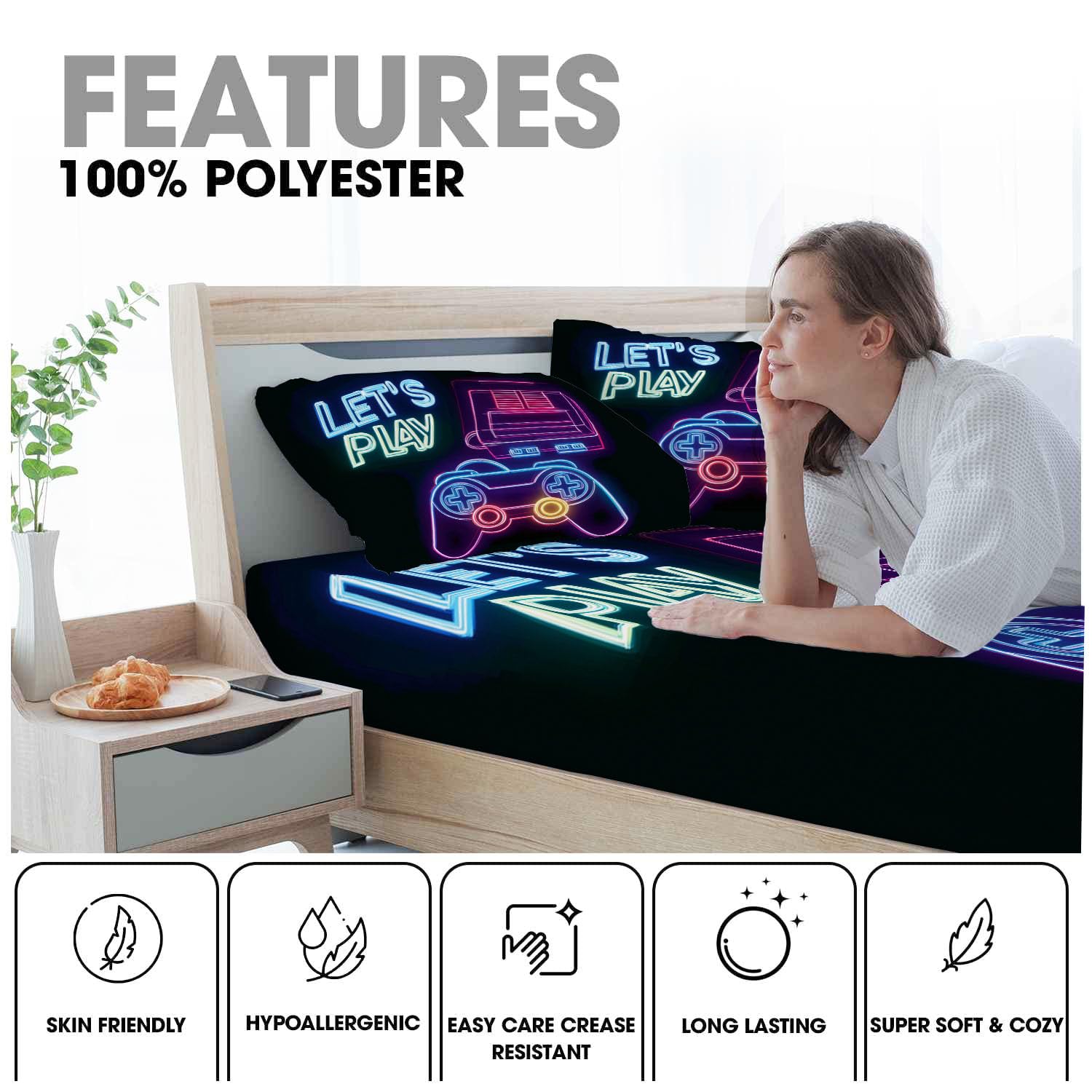 Sábanas 200X190/200Cm - Juego De Sábanas 3 Piezas Estampadas Consola De Juegos De Neón - Microfibra Suave Transpirable - Sábana Bajera Ajustable - Ropa De Cama Póster Retro (Tinta Negra)