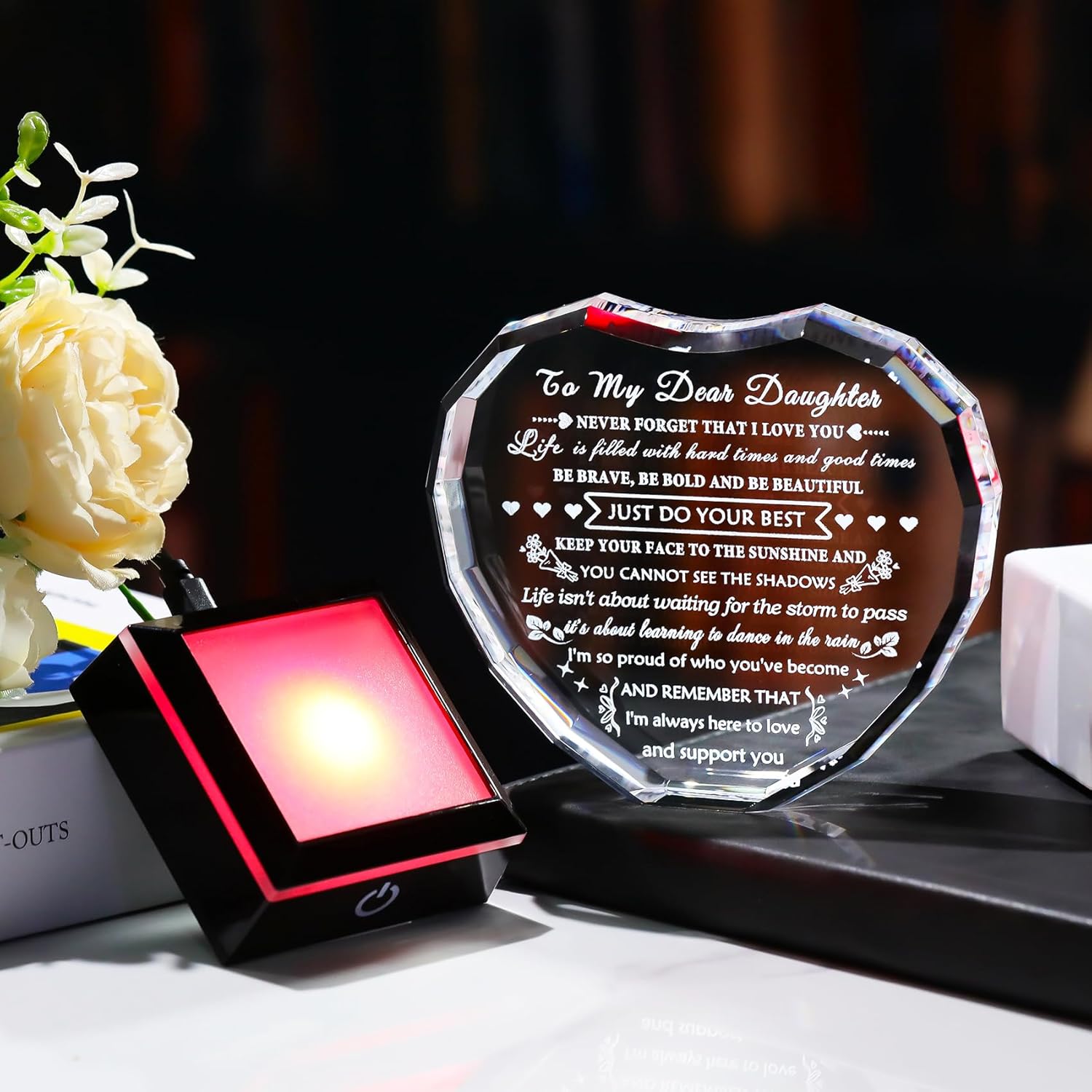 YWHL Meaningful Daughter Gifts from Mom Dad, Birthday Gifts for Adult Daughter Heart Crystal Keepsake with Colorful Light Base, to My Daughters Present on Christmas Graduation Valentine Day - Image 6